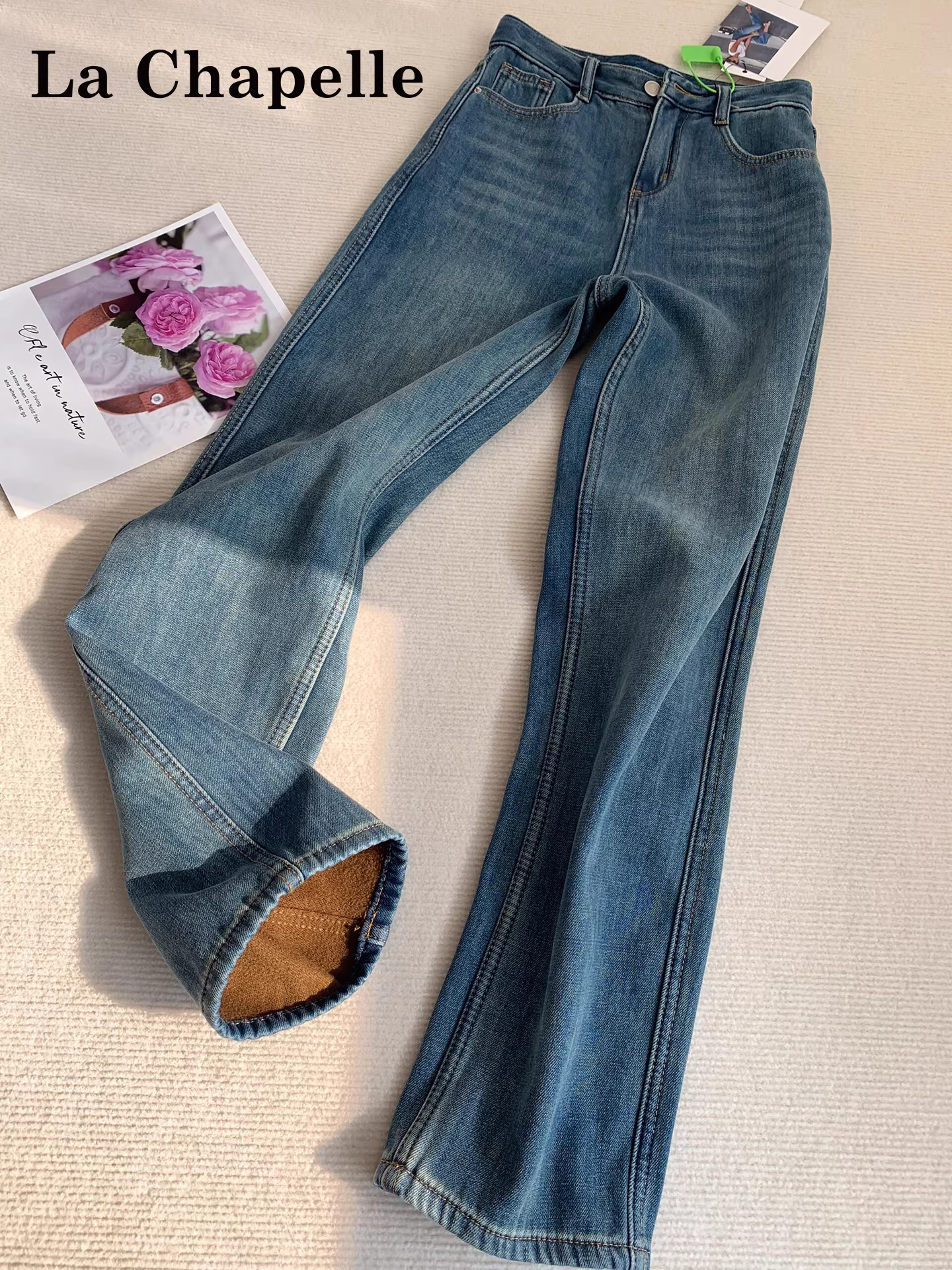 Quần jeans ống rộng dáng suông dày dặn lót lông cừu La Chapelle dành cho nữ, mẫu mới thu đông 2025, cạp cao