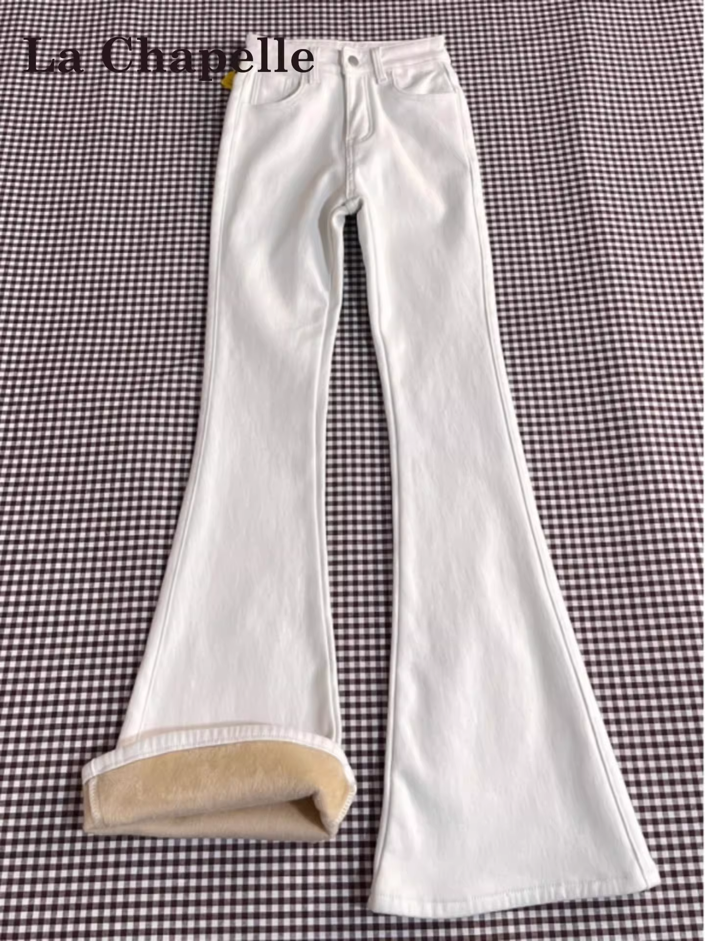 Quần jeans ống loe lót lông trắng La Chapelle dành cho nữ, mẫu mới thu đông 2025, kiểu dáng ôm sát, ống chuông