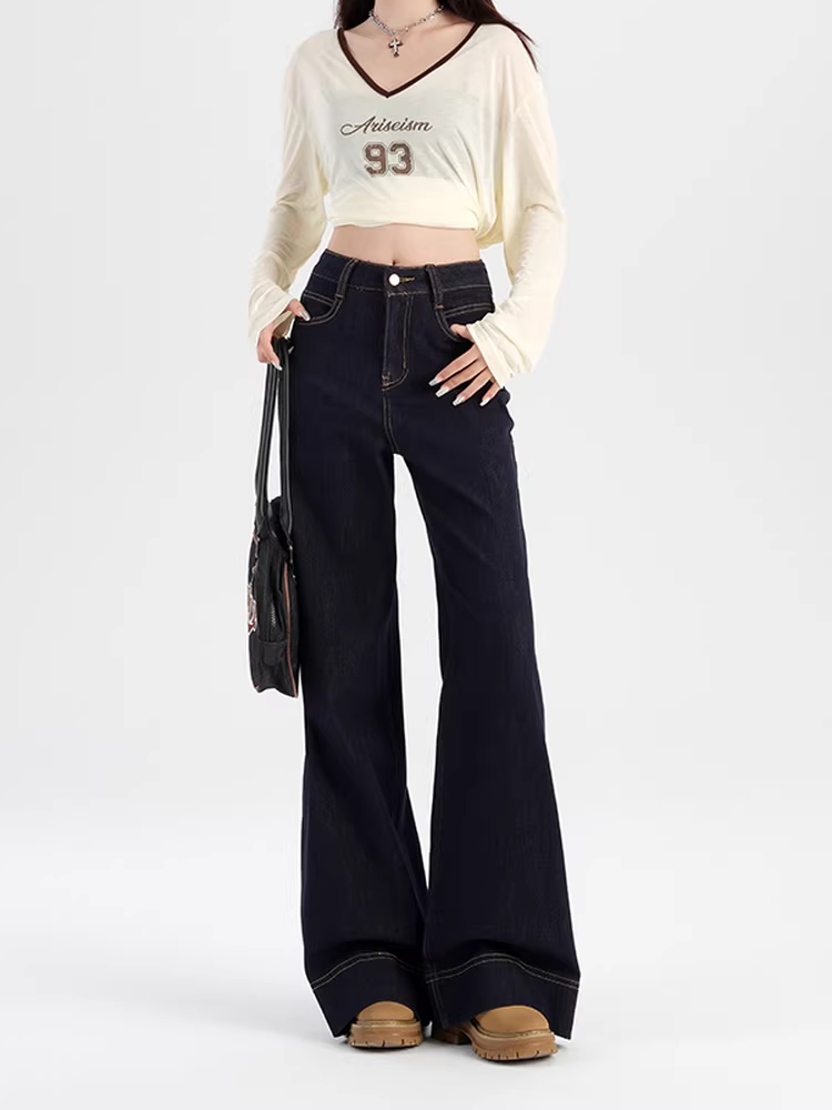 Quần jean ống loe dày lót lông cừu La Chapelle dành cho nữ, kiểu mới thu đông 2025, quần ống chuông lưng cao không bó sát.