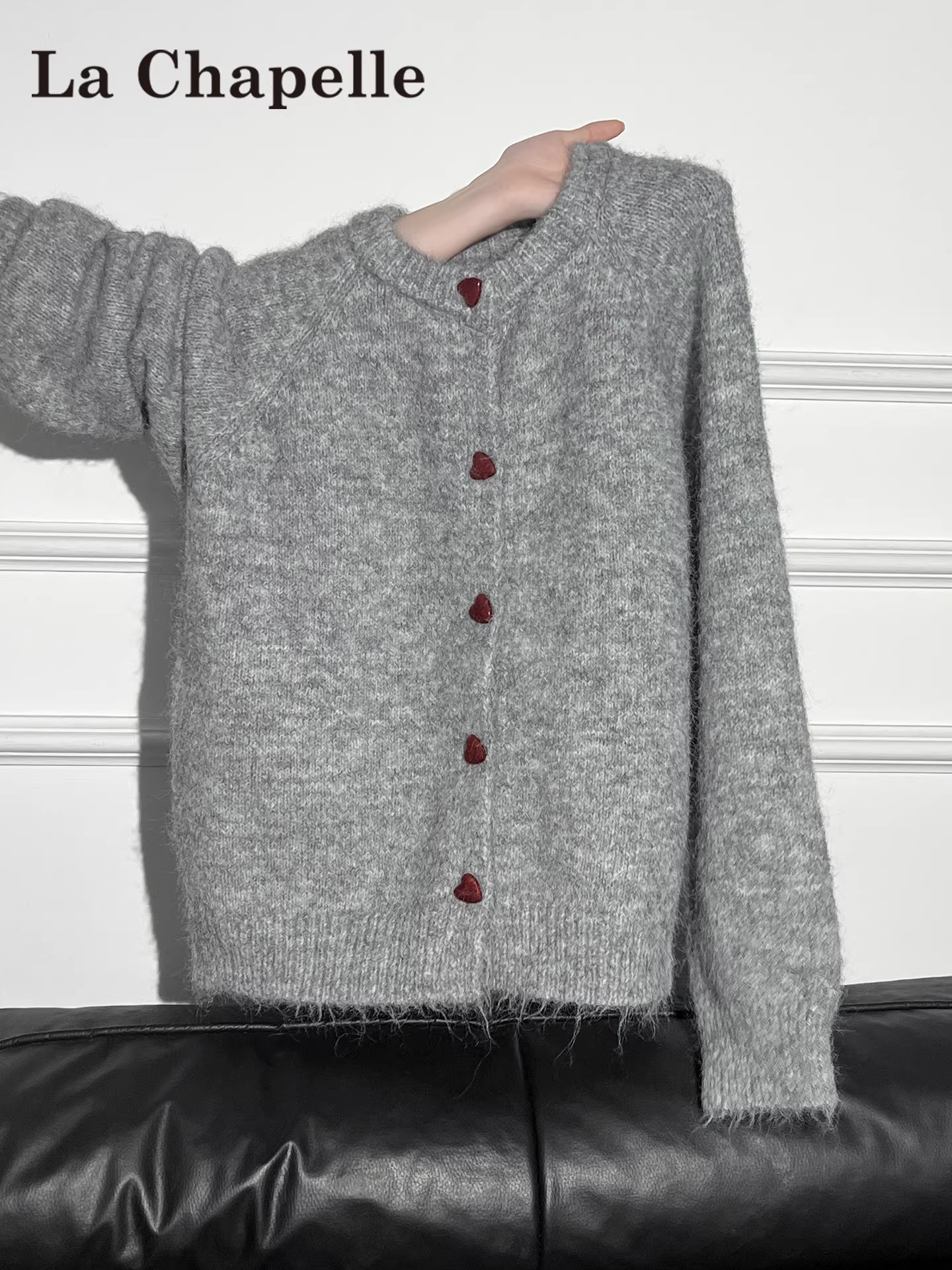 Áo len dệt kim cổ tròn màu xám La Chapelle dành cho nữ, mẫu mới thu đông 2025, kiểu dáng rộng, chất liệu cardigan