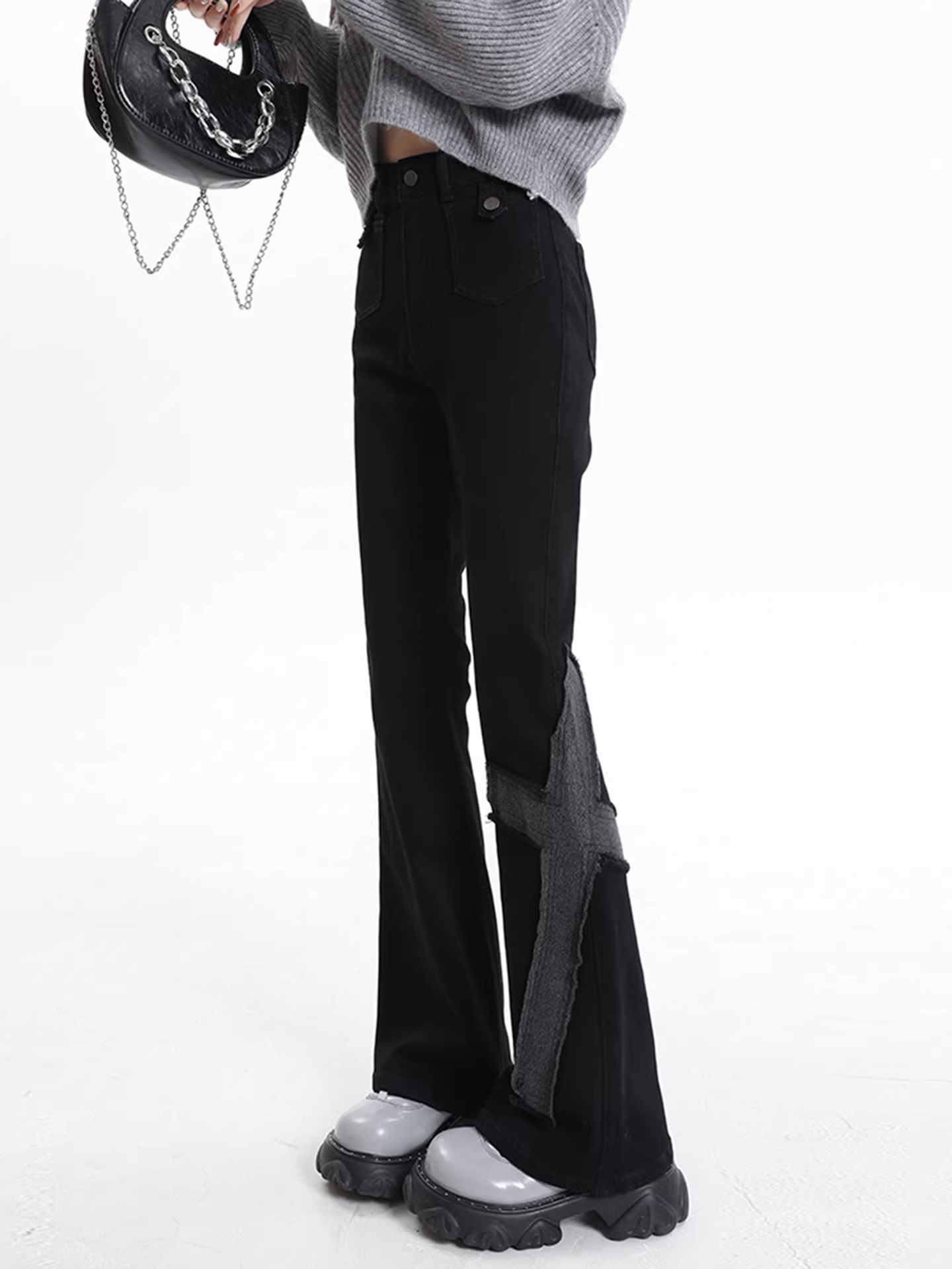 Quần ống loe lót lông cừu đen La Chapelle dành cho nữ 2025, kiểu dáng mới thu đông, cạp cao, dáng nhỏ nhắn, ôm sát, ống chuông