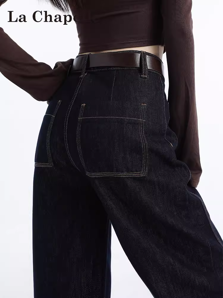 Quần jeans ống rộng màu xanh đậm La Chapelle dành cho nữ, mẫu mới thu 2025, cạp cao, dáng thẳng, dành cho người nhỏ nhắn