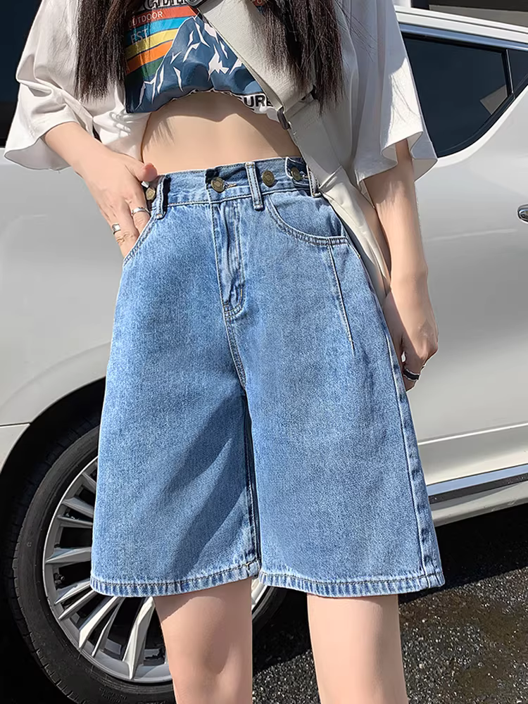 Quần short denim lưng cao La Chapelle dành cho nữ, kiểu mới hè 2025, dáng nhỏ nhắn, rộng rãi, tôn dáng, ống thẳng, dài ngang đùi.