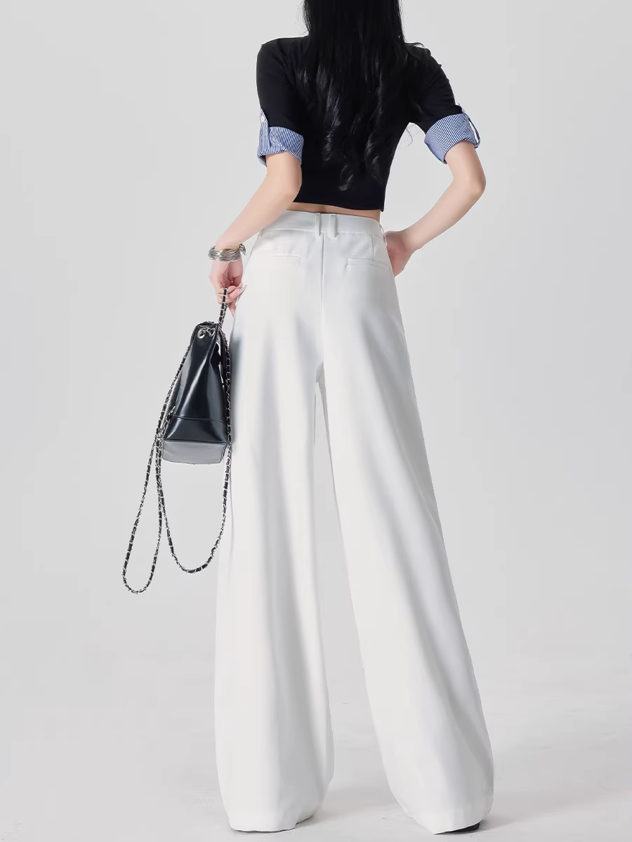 Quần âu trắng rộng rãi La Chapelle dành cho nữ, kiểu dáng mới mùa thu 2025, cạp cao, chất liệu mềm mại, dài chấm đất, dáng thẳng