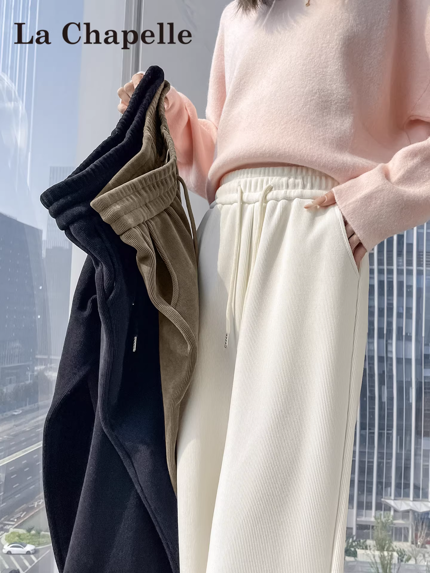 Quần ống rộng chất liệu nhung dày lót lông trắng La Chapelle dành cho nữ, mẫu mới thu đông 2025, cạp cao, dáng rộng, ống thẳng