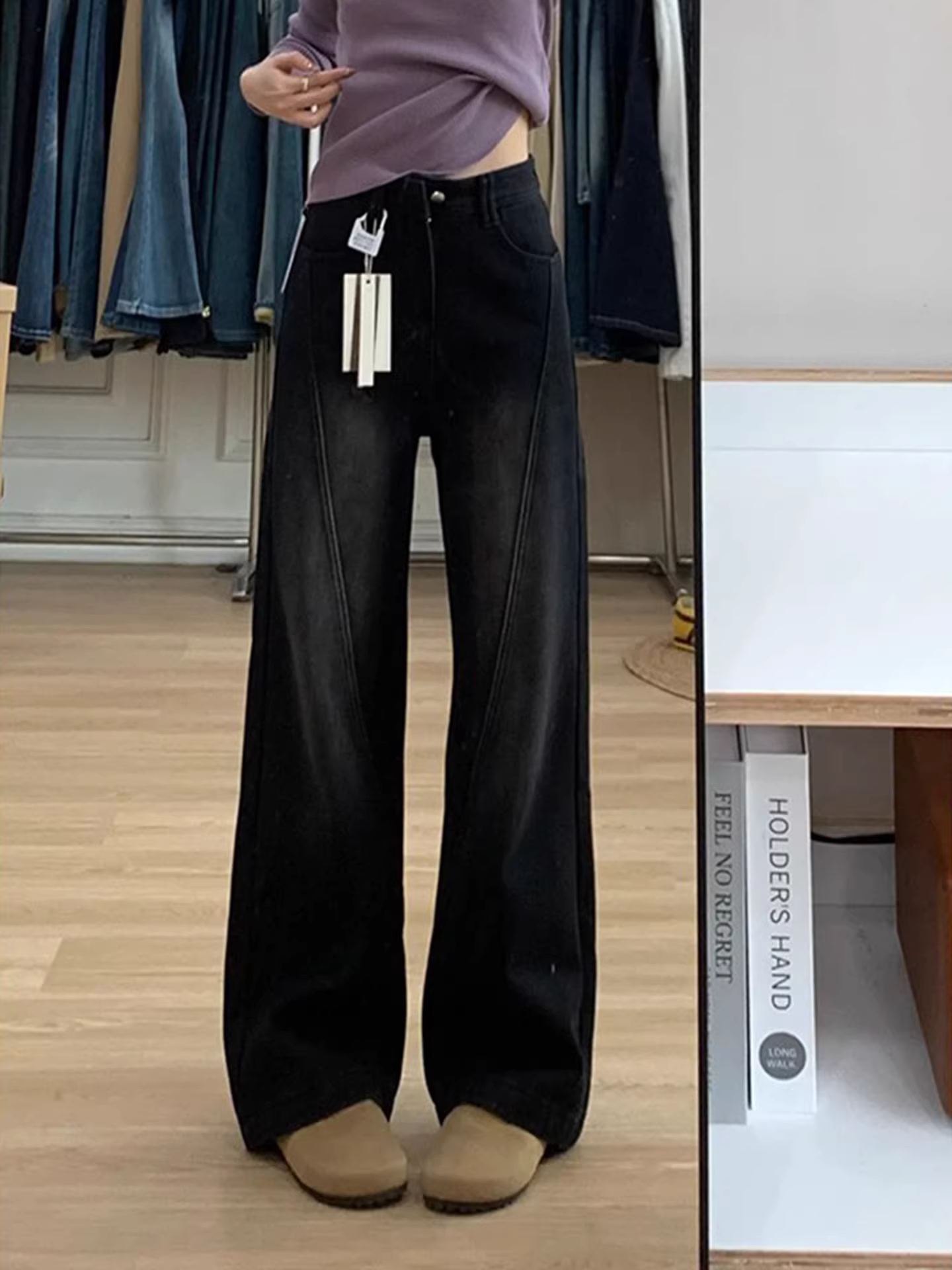 Quần jeans đen dáng rộng La Chapelle dành cho nữ, mùa thu đông 2025, kiểu dáng mới, cạp cao, rộng rãi, dáng thẳng.