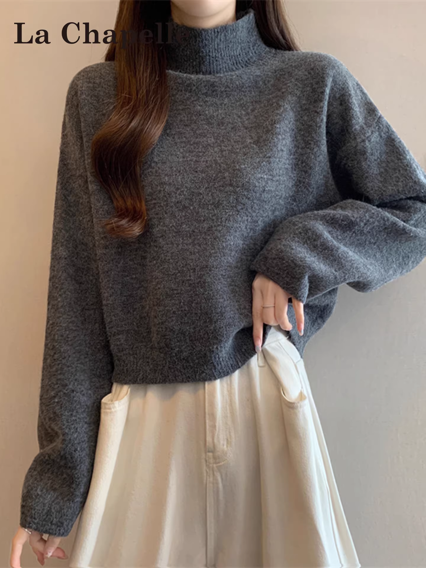 Áo len dệt kim dài tay cổ cao nửa cổ màu xám La Chapelle dành cho nữ 2025 lớp áo lót mới mùa thu đông