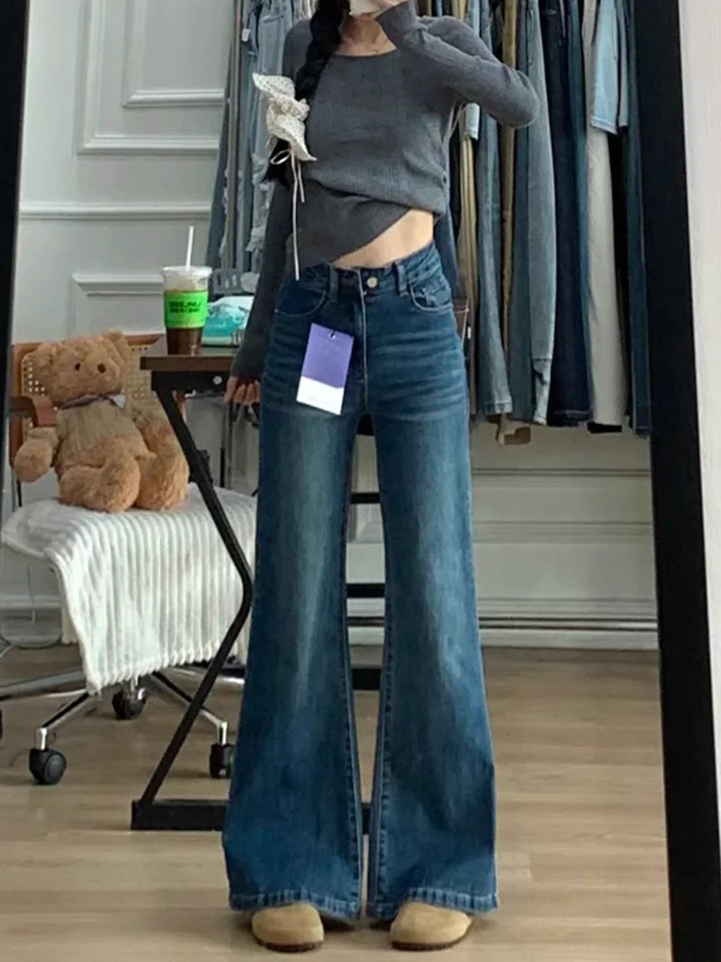 Quần jeans ống loe dày dặn lót lông cừu La Chapelle dành cho nữ, mẫu mới mùa đông 2025, cạp cao