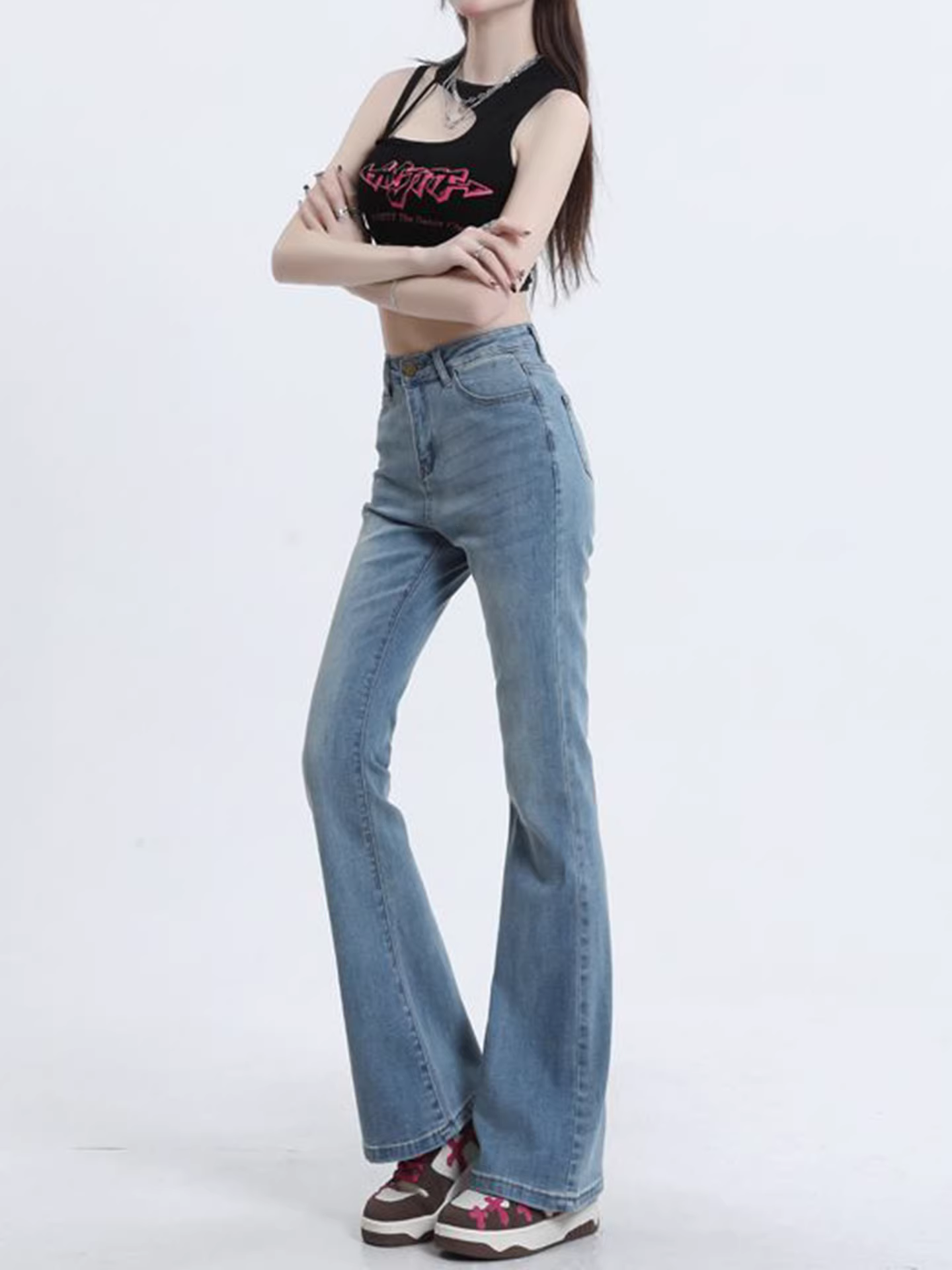 Quần jean nữ La Chapelle kiểu dáng retro, lót lông dày, ống loe, mùa thu đông 2025, cạp cao, tôn dáng, kiểu chuông