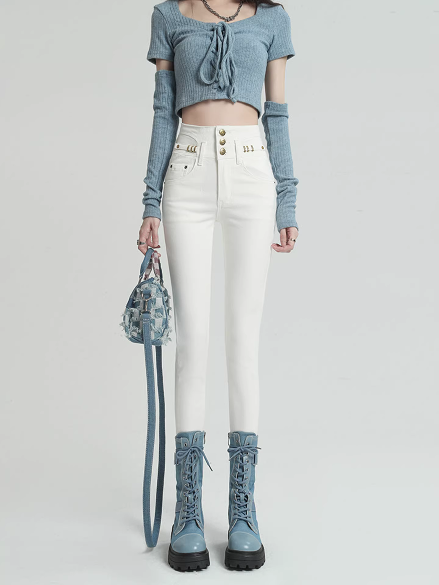 Quần jeans trắng kiểu Mỹ dáng ôm La Chapelle dành cho nữ, mẫu mới thu đông 2025, cạp cao, ôm dáng, kiểu bút chì