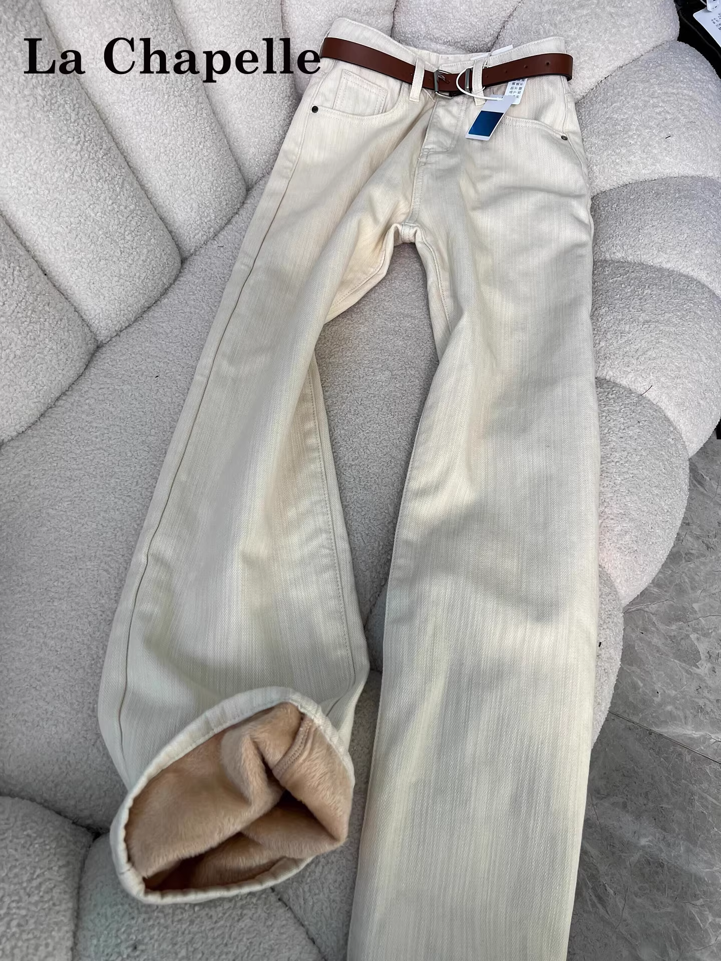 Quần jeans ống rộng dáng suông dày dặn lót lông cừu La Chapelle dành cho nữ, mẫu mới thu đông 2025, size nhỏ