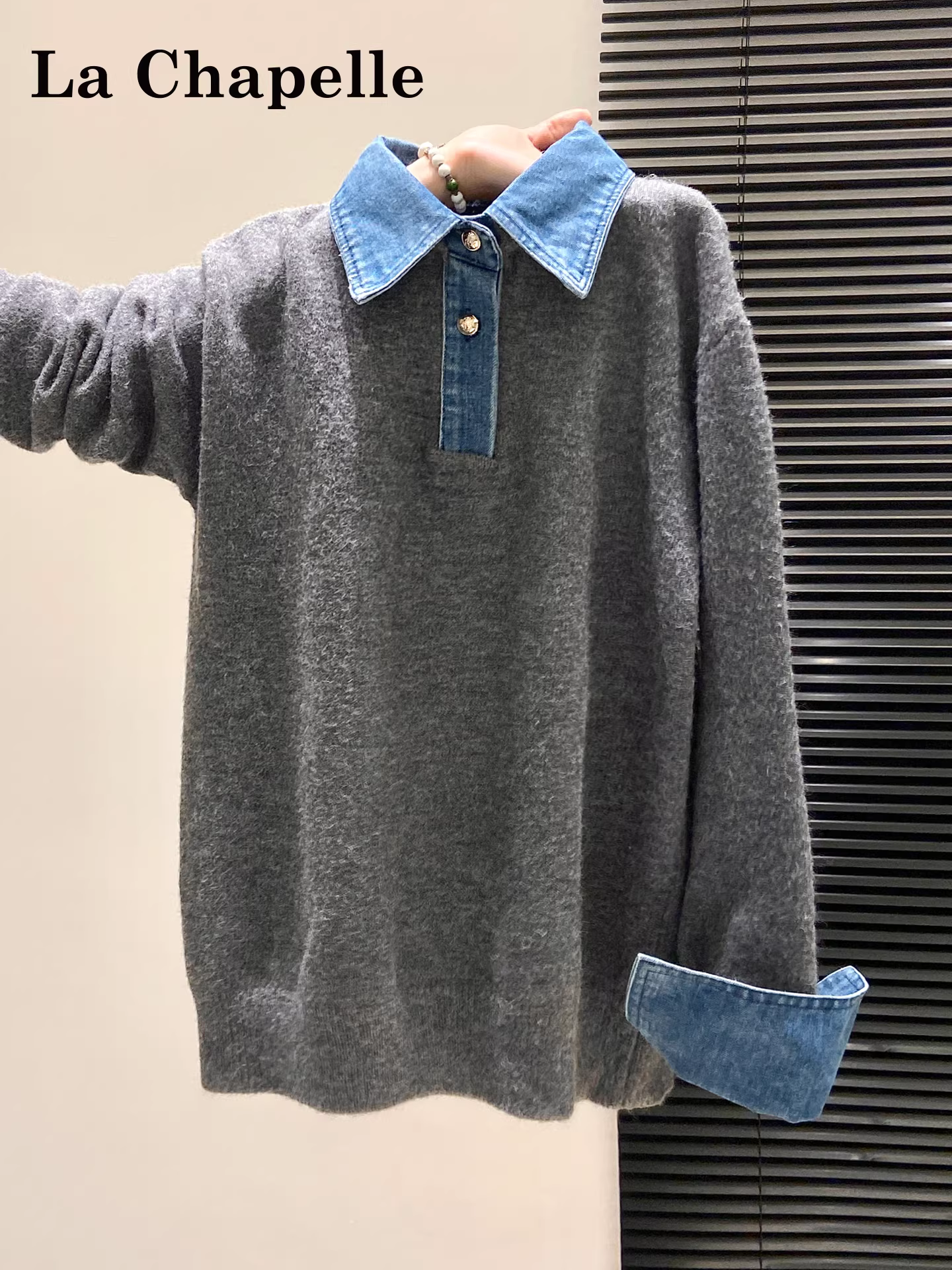 Áo len dệt kim cổ polo dài tay La Chapelle chất liệu denim dành cho nữ, mẫu mới thu đông 2025, lớp áo trong