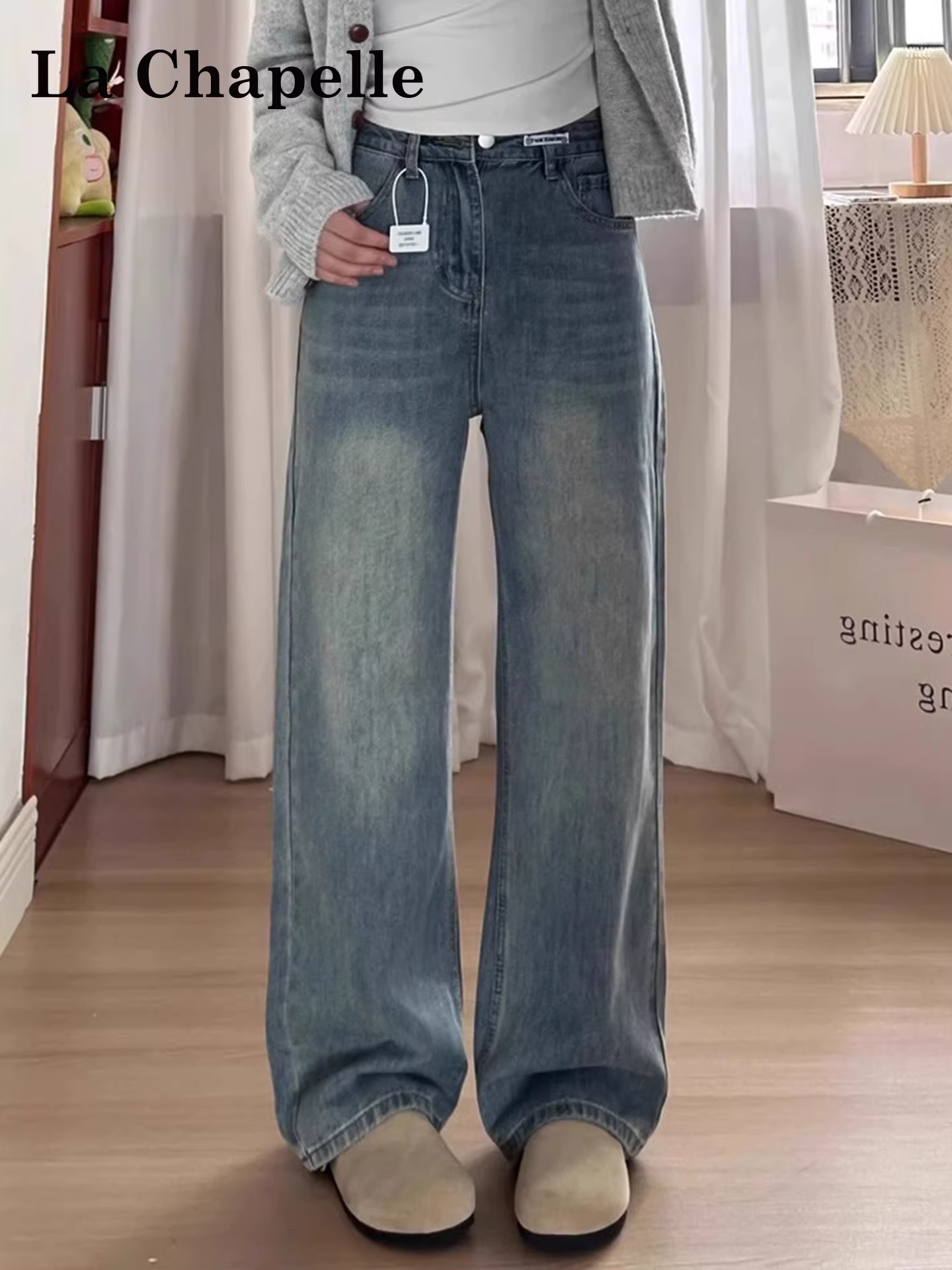 Quần jeans ống rộng lót lông dày kiểu La Chapelle dành cho nữ, mẫu mới thu đông 2025, cạp cao, dáng rộng, thẳng