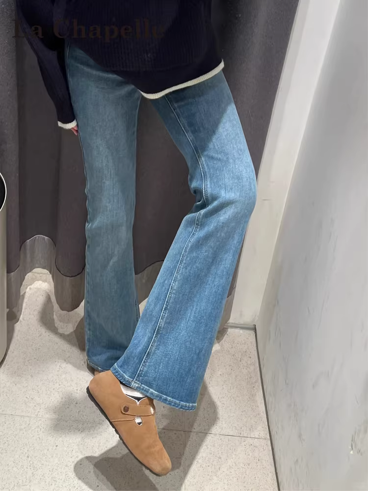 Quần jeans La Chapelle dáng ôm xòe retro dành cho nữ, mùa thu đông 2025, kiểu dáng mới cạp cao ôm dáng co giãn, ống chuông