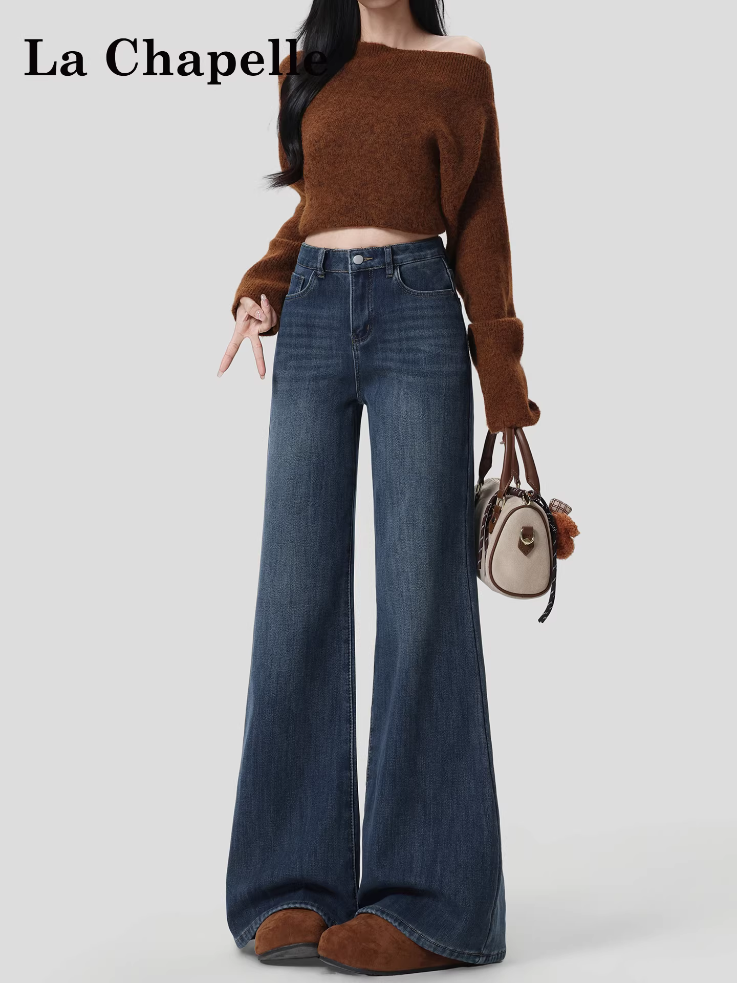 Quần jeans ống loe dày dặn lót lông cừu La Chapelle dành cho nữ, mẫu mới thu đông 2025, không bó sát