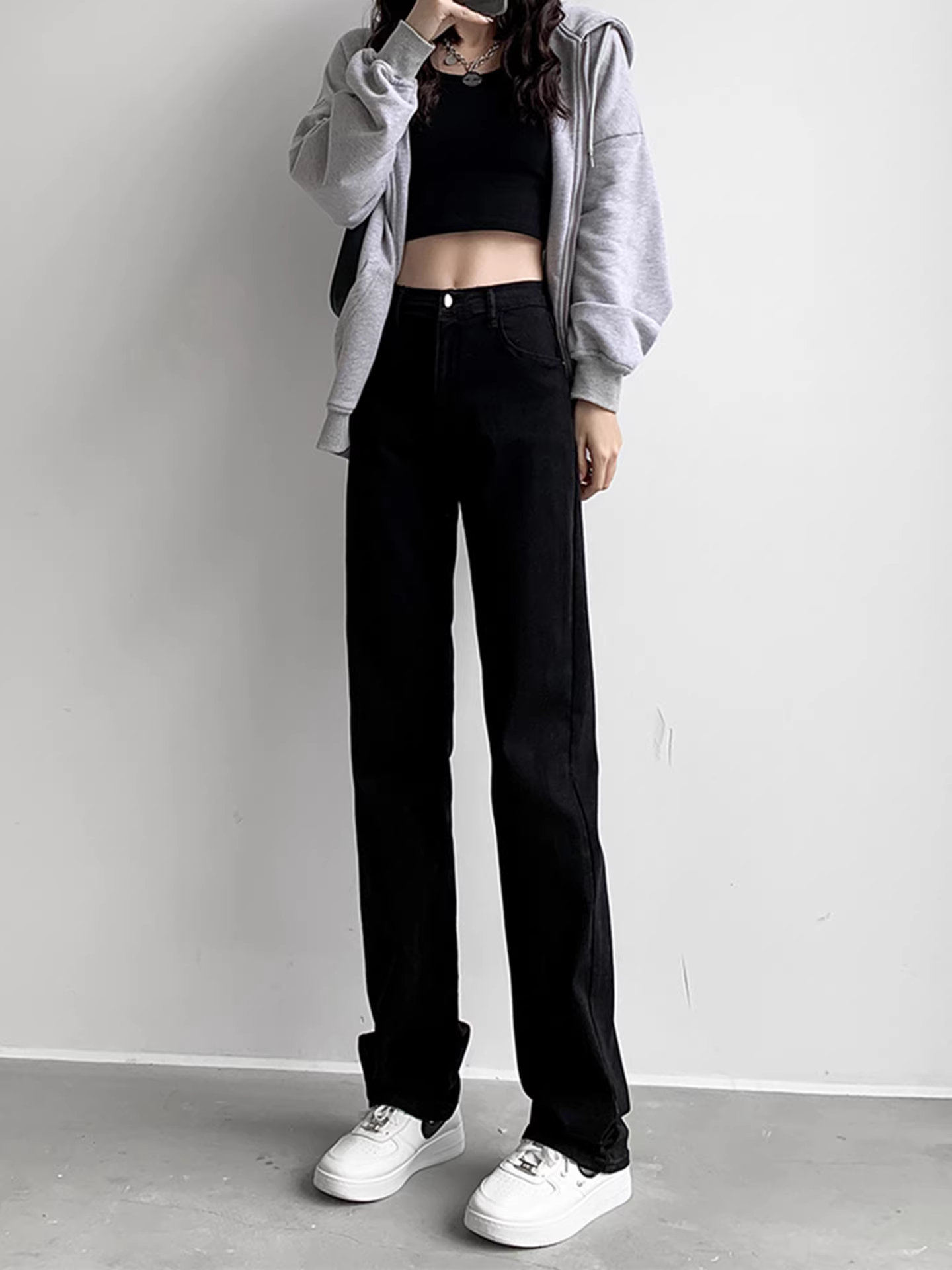 Quần jeans nữ La Chapelle đen cạp cao lót lông cừu, kiểu dáng ôm dáng, thẳng, dáng thuốc lá, mới thu đông 2025, size nhỏ nhắn