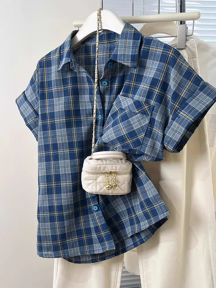 Áo sơ mi ngắn tay kẻ sọc xanh La Chapelle dành cho nữ mùa hè 2025 áo sơ mi dáng rộng mùa hè mới áo cardigan