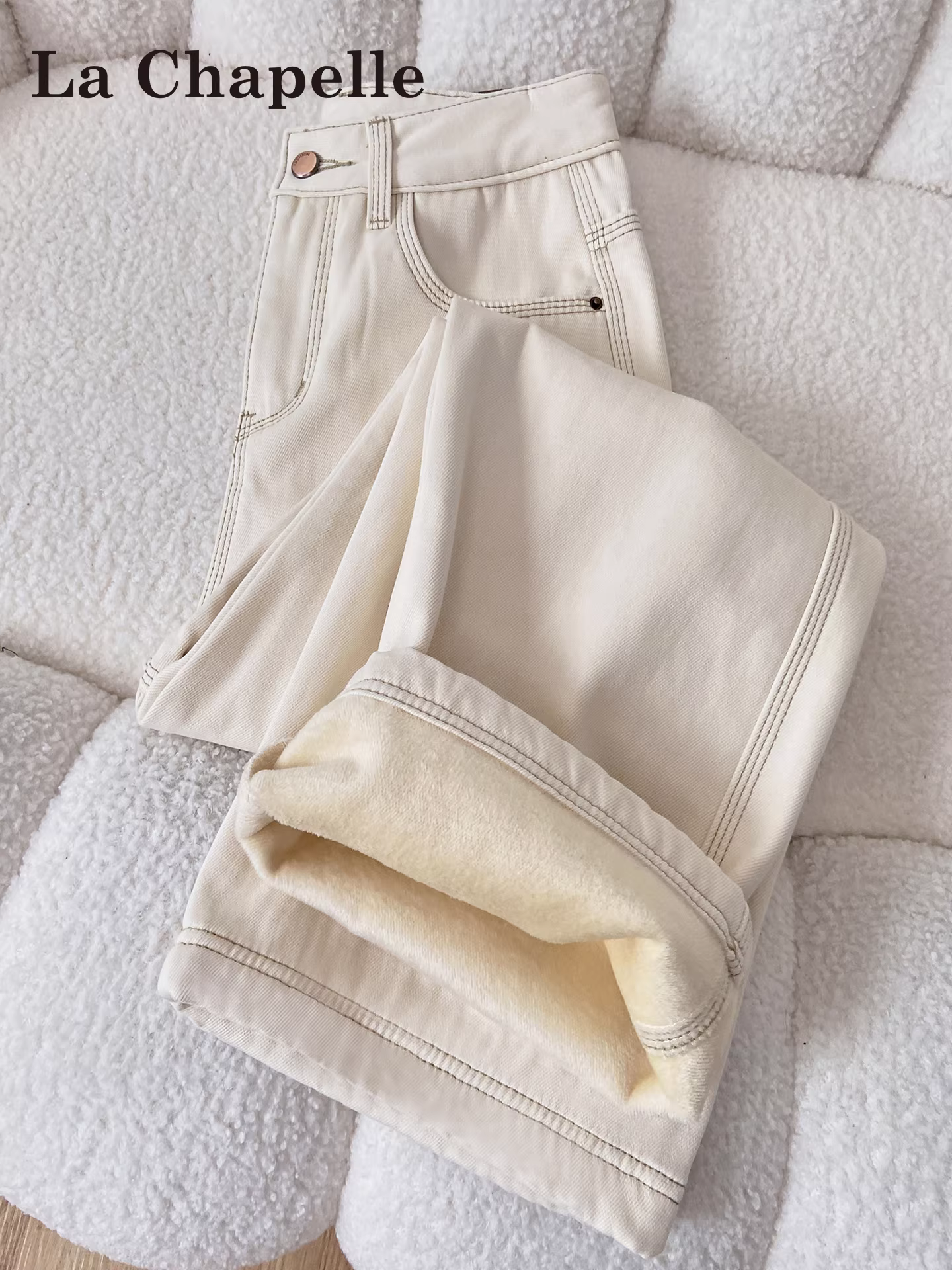 Quần jeans trắng ống rộng La Chapelle dành cho nữ, kiểu mới thu đông 2025, quần thẳng cạp cao lót lông mềm mại, dáng nhỏ nhắn