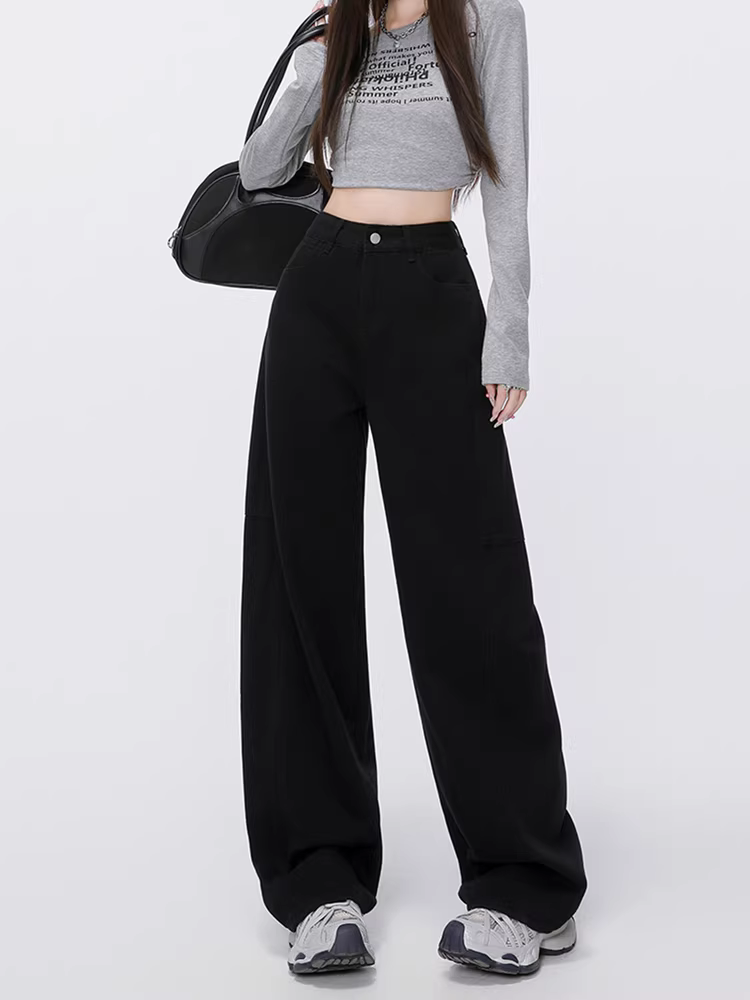 Quần jeans đen La Chapelle ống rộng dành cho nữ, kiểu mới thu đông 2025, quần dáng suông lưng cao, size nhỏ.