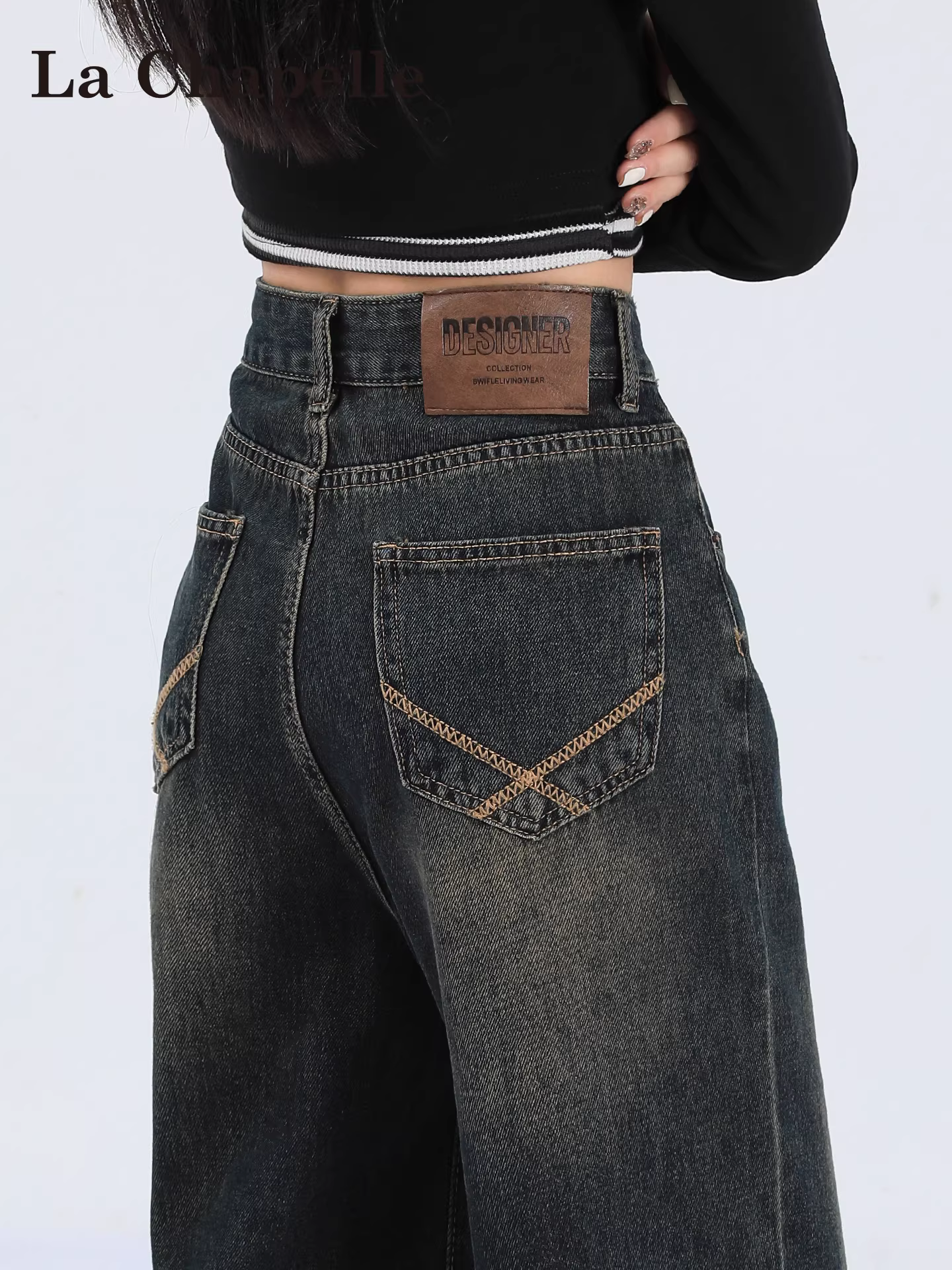 Quần jeans ống rộng dày dặn lót lông phong cách retro Mỹ La Chapelle dành cho nữ, mùa thu đông 2025, kiểu dáng mới cạp cao thẳng