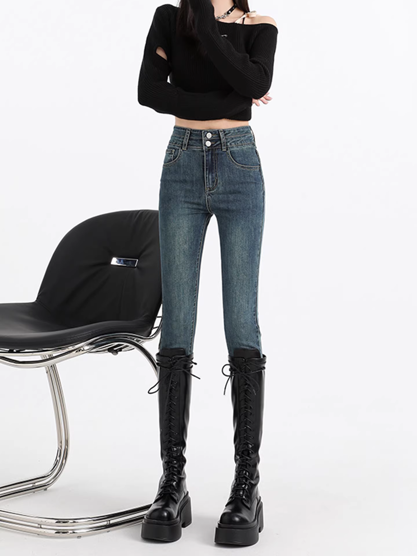 Quần jeans nữ La Chapelle kiểu dáng retro, lót lông dày, ôm sát, cạp cao, kiểu dáng bút chì, mới thu đông 2025