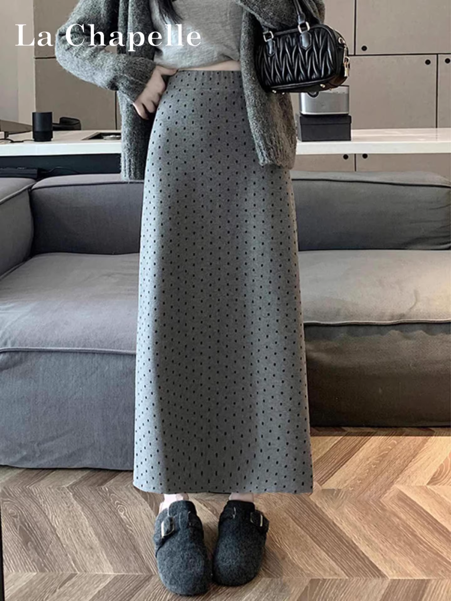 Váy bút chì chấm bi màu xám La Chapelle dành cho nữ 2025 mới thu đông, cạp cao, dáng ôm, kiểu chữ A, dài qua gối