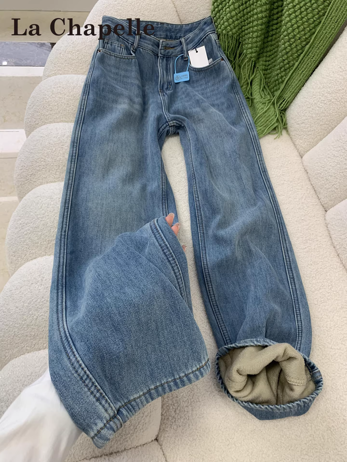 Quần jeans ống rộng lót lông cừu kiểu dáng ôm sát La Chapelle dành cho nữ, mẫu mới thu đông 2025, cạp cao, dáng thẳng, size nhỏ nhắn