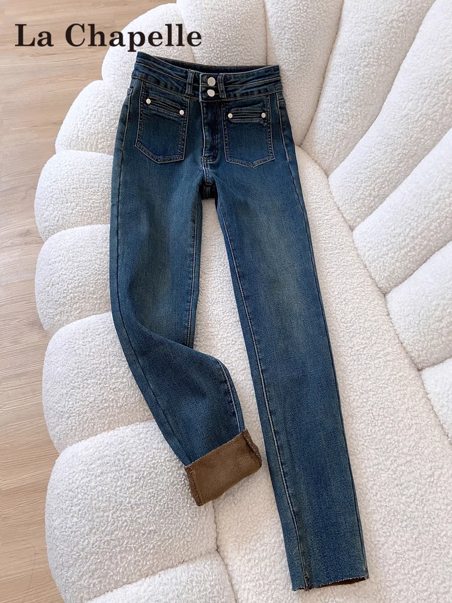 Quần jean nữ La Chapelle lót lông dày, dáng ôm, cạp cao, kiểu dáng bút chì, mới thu đông 2025