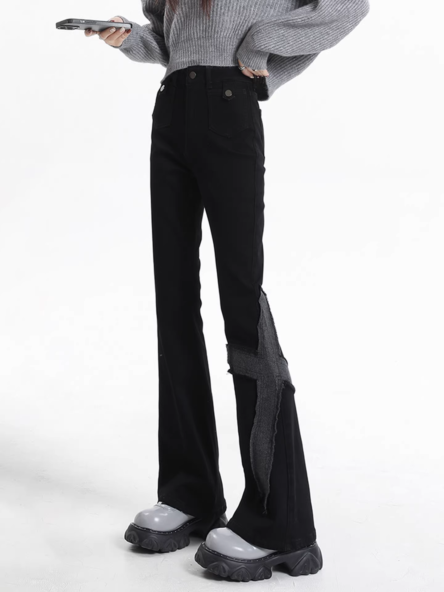 Quần ống loe lót lông cừu đen La Chapelle dành cho nữ 2025, kiểu dáng mới thu đông, cạp cao, dáng nhỏ nhắn, ôm sát, ống chuông