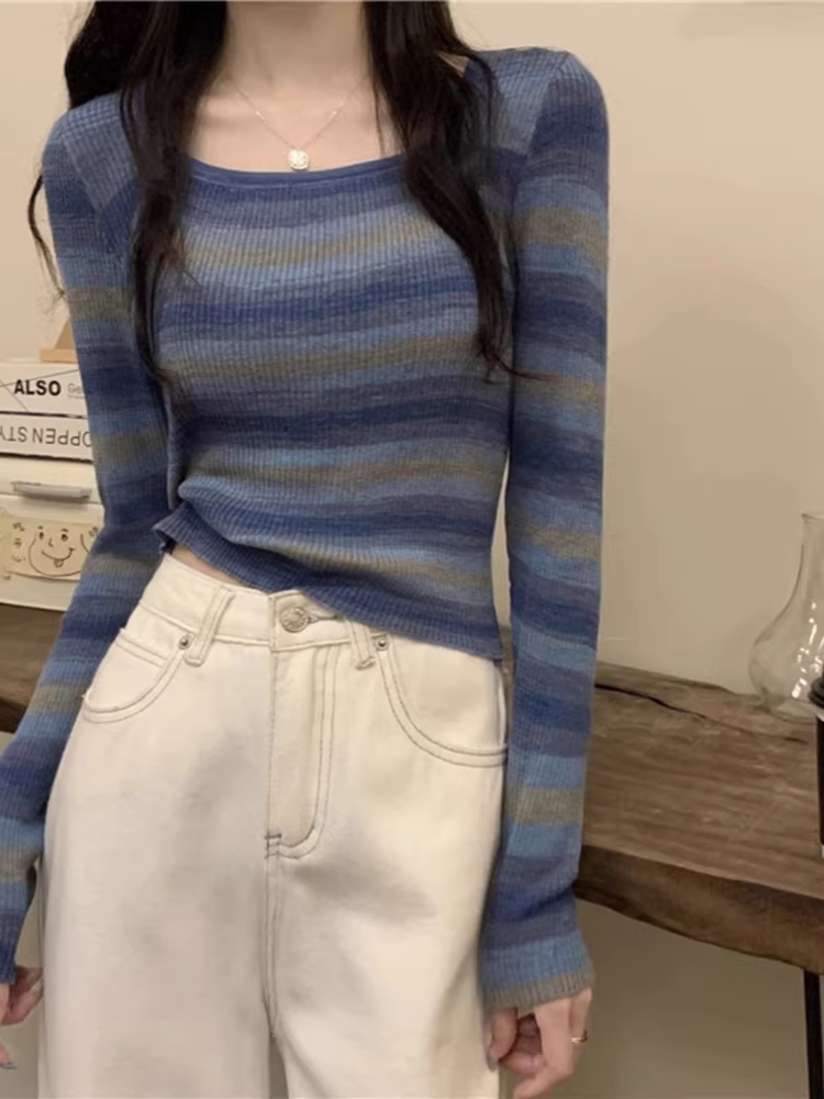 Áo len dệt kim cổ vuông kẻ sọc La Chapelle dành cho nữ, áo lót ngắn ôm sát kiểu mới thu đông 2025.