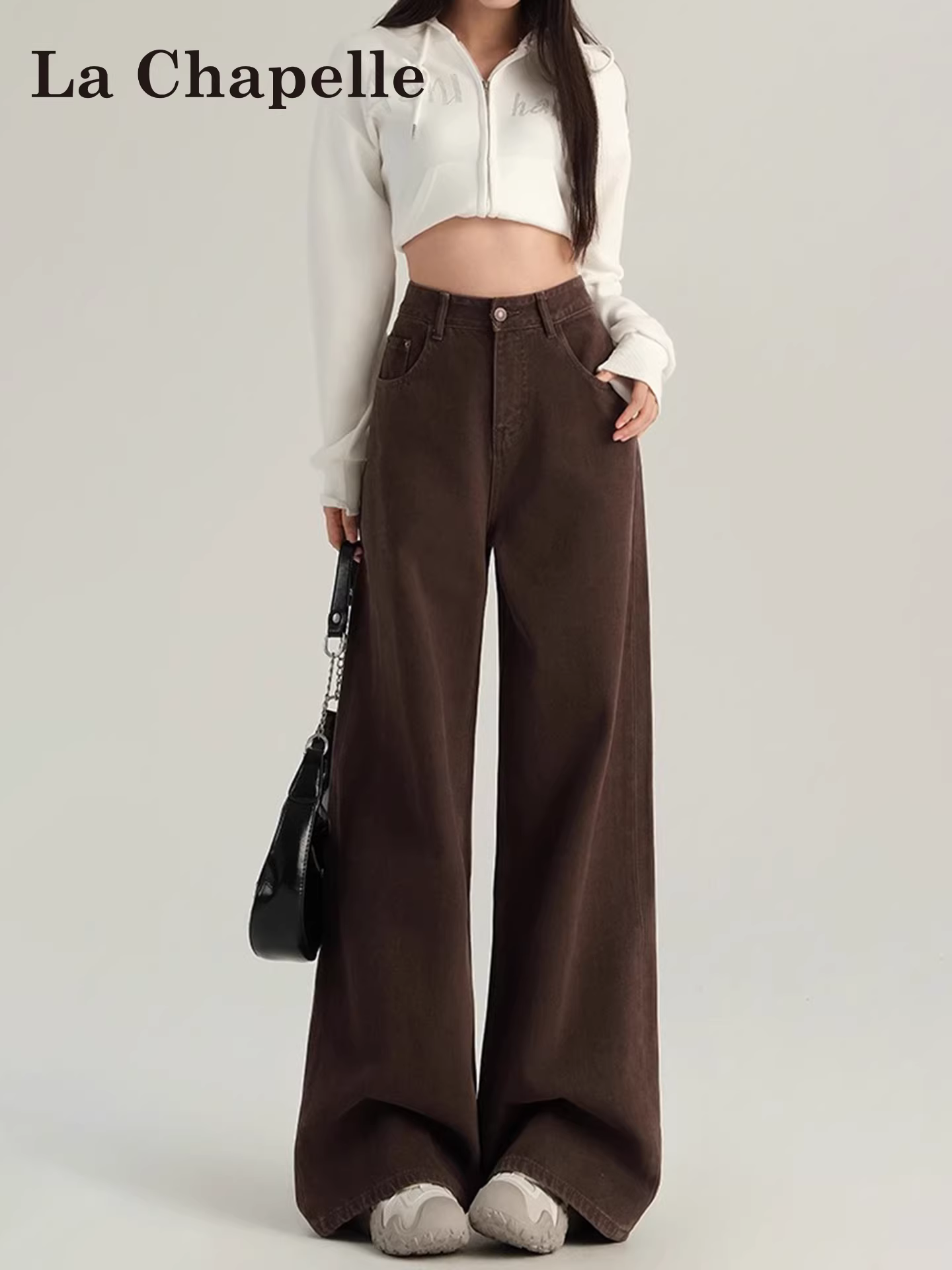 Quần jeans ống rộng màu cà phê La Chapelle dành cho nữ, mẫu mới thu đông 2025, kiểu vintage, cạp cao, dáng rộng, dài chấm đất, thẳng.