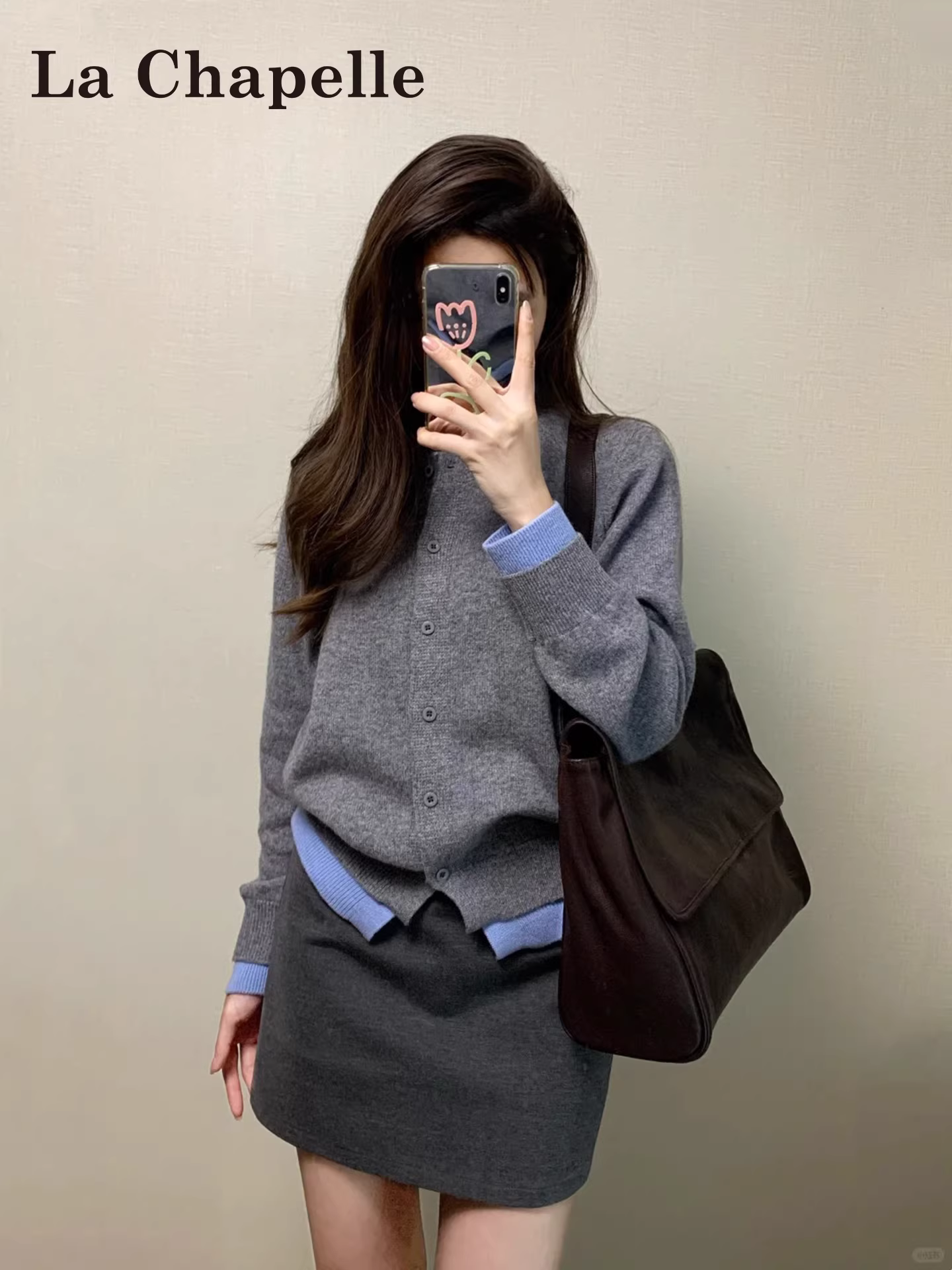 Áo len giả hai mảnh màu xám La Chapelle dành cho nữ, mẫu mới thu đông 2025, áo khoác cardigan cao cấp