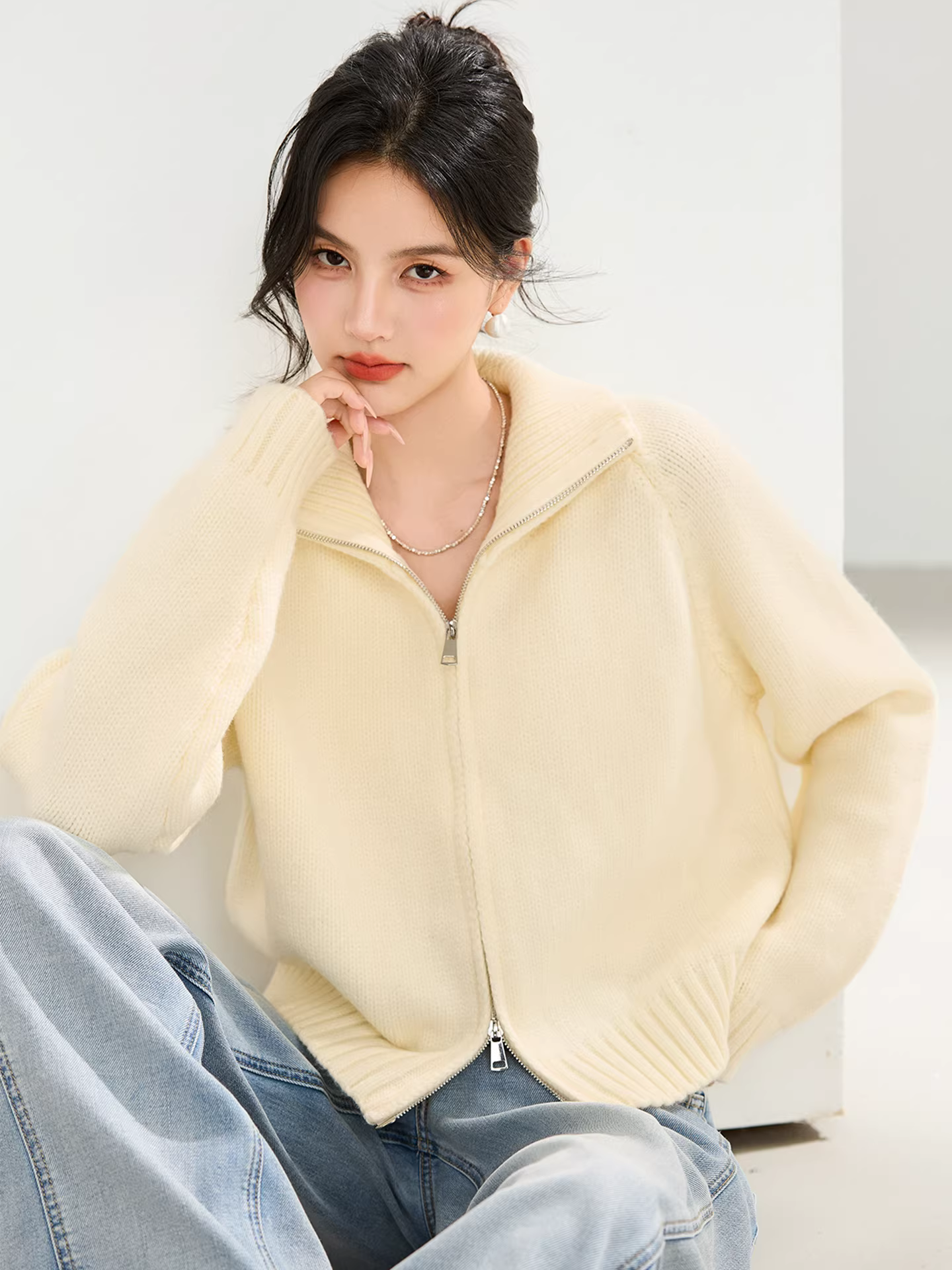 Áo len dệt kim dài tay màu xanh lam La Chapelle dành cho nữ mùa thu đông 2025 áo khoác cardigan có khóa kéo đôi mới