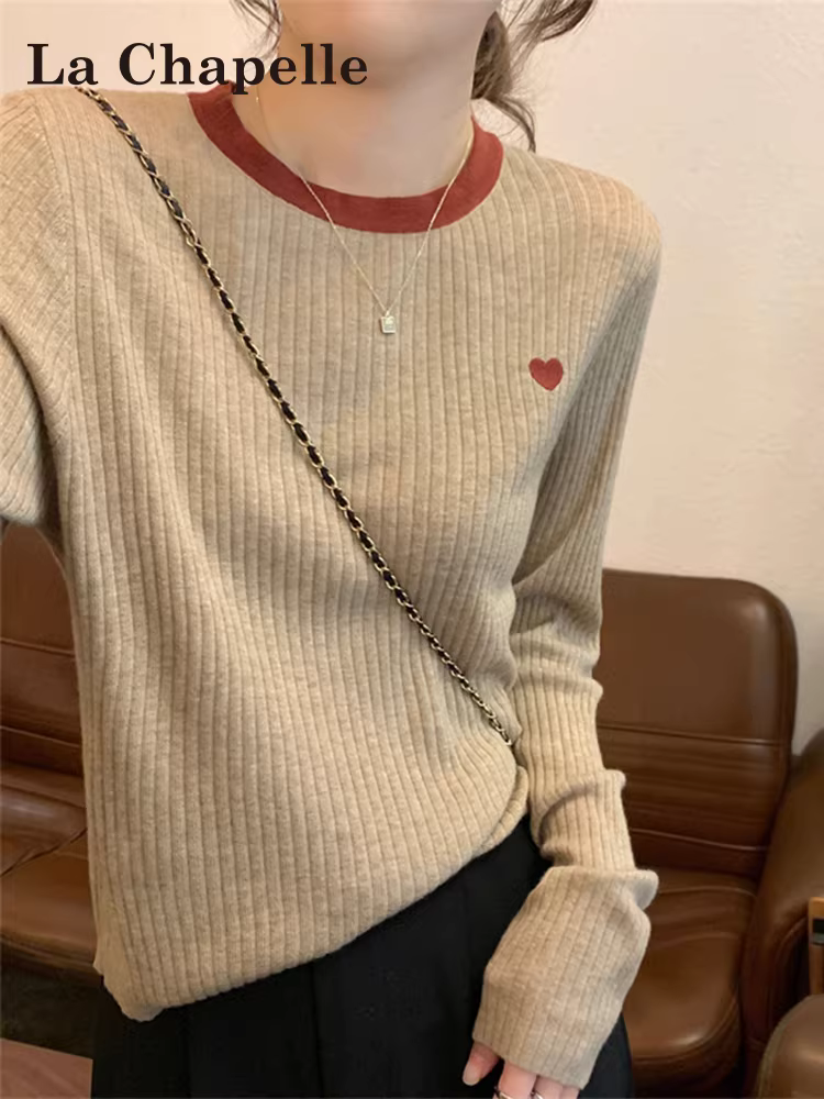 Áo len dệt kim cổ tròn dài tay La Chapelle dành cho nữ, áo len phối màu ôm dáng mới mùa thu đông 2025, áo mặc trong.