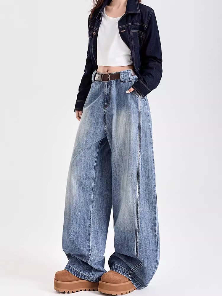 Quần jeans ống rộng La Chapelle dành cho nữ, mẫu mới xuân thu 2025, cạp cao, dáng suôn dài chấm đất.