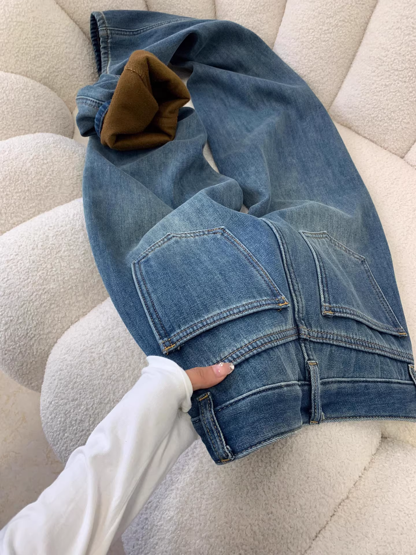 Quần jeans ống rộng lót lông La Chapelle dành cho nữ, thu đông 2025, kiểu mới, cạp cao, dáng rộng, chất dày, ống thẳng