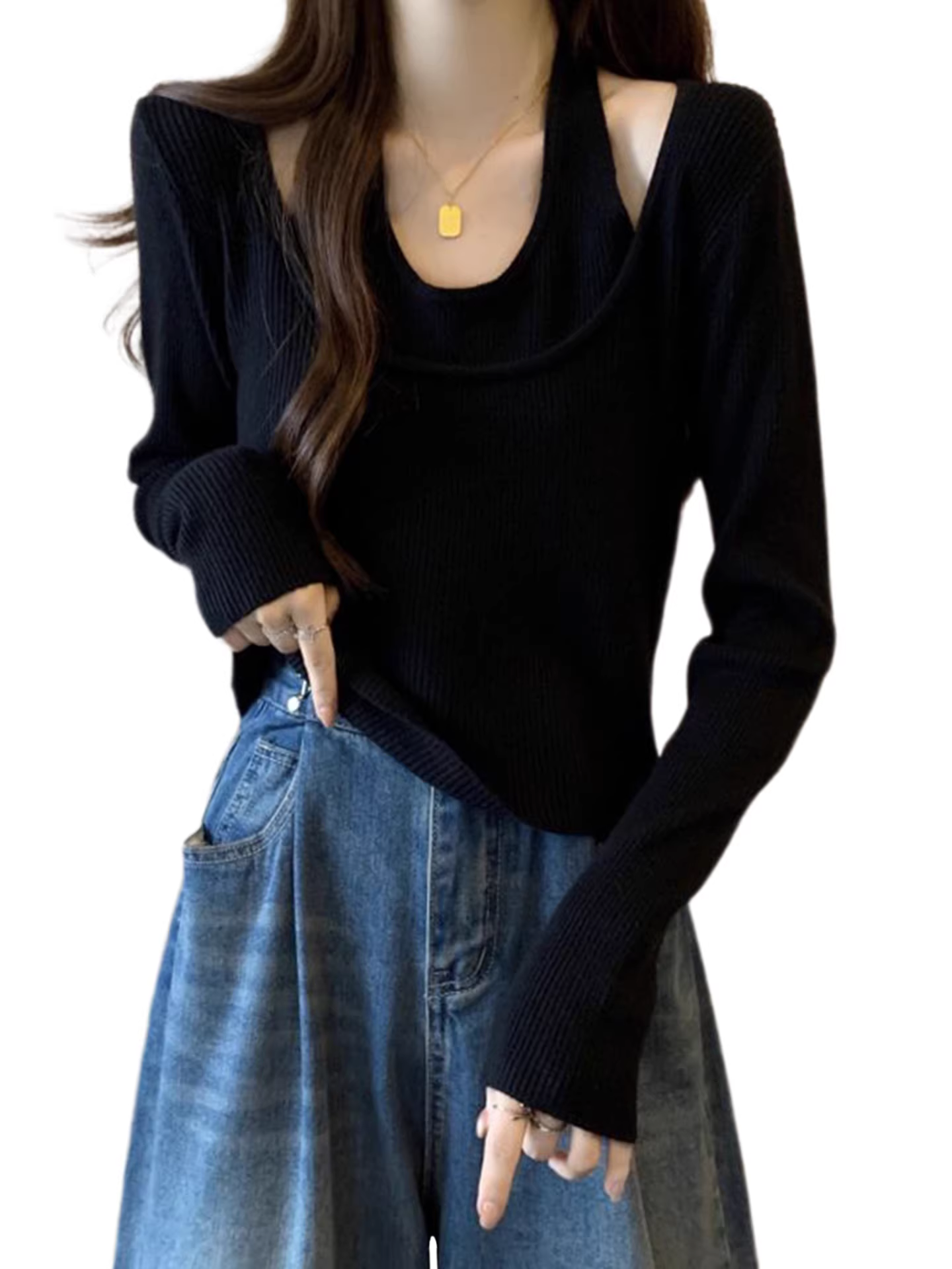 Áo len giả hai mảnh màu đen La Chapelle dành cho nữ, thiết kế ôm dáng mới mùa xuân thu 2025, mặc trong