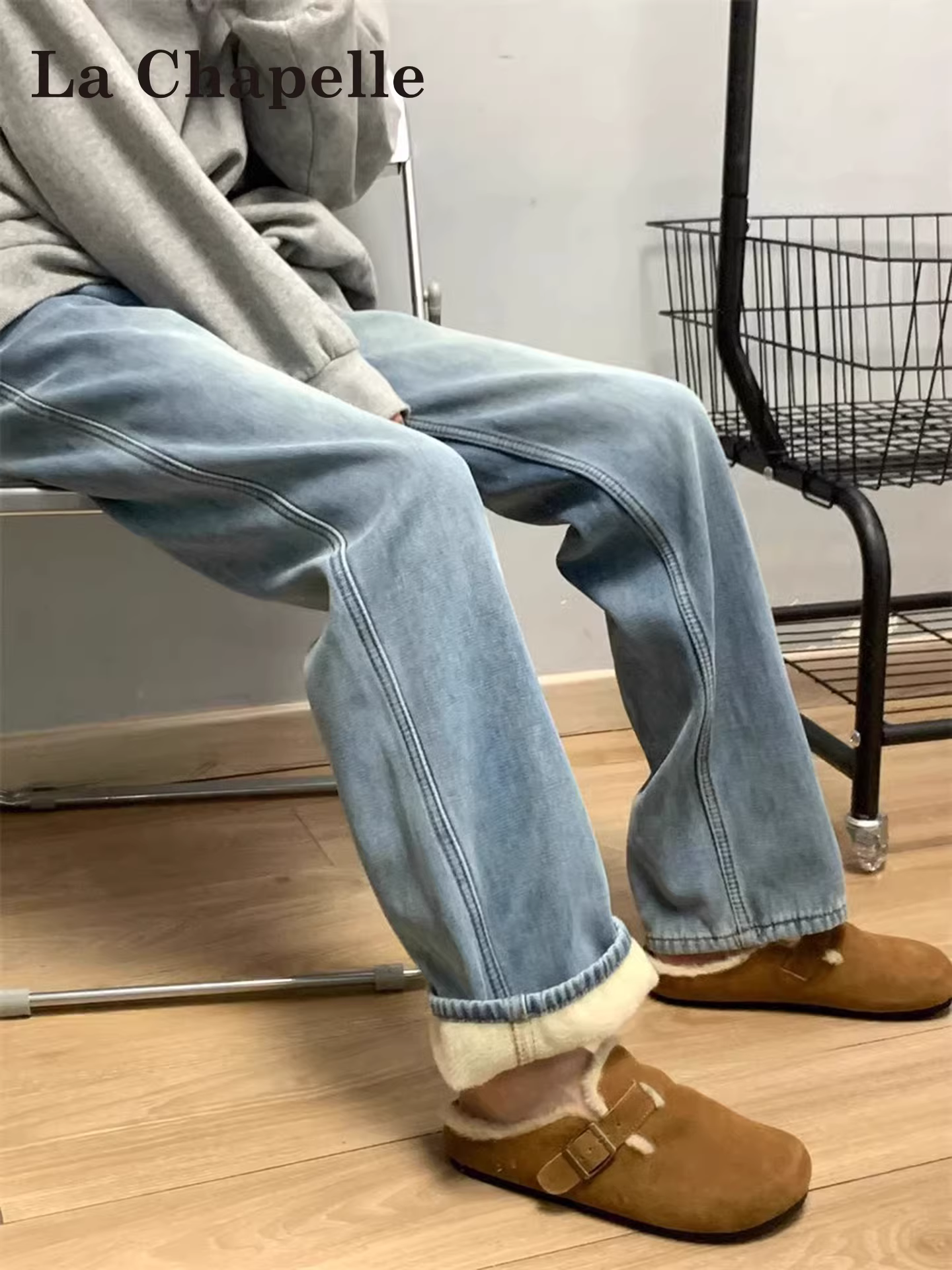 Quần jean ống rộng lót lông cừu La Chapelle dành cho nữ, mùa thu đông 2025, kiểu dáng mới, cạp cao, dáng rộng, ống thẳng