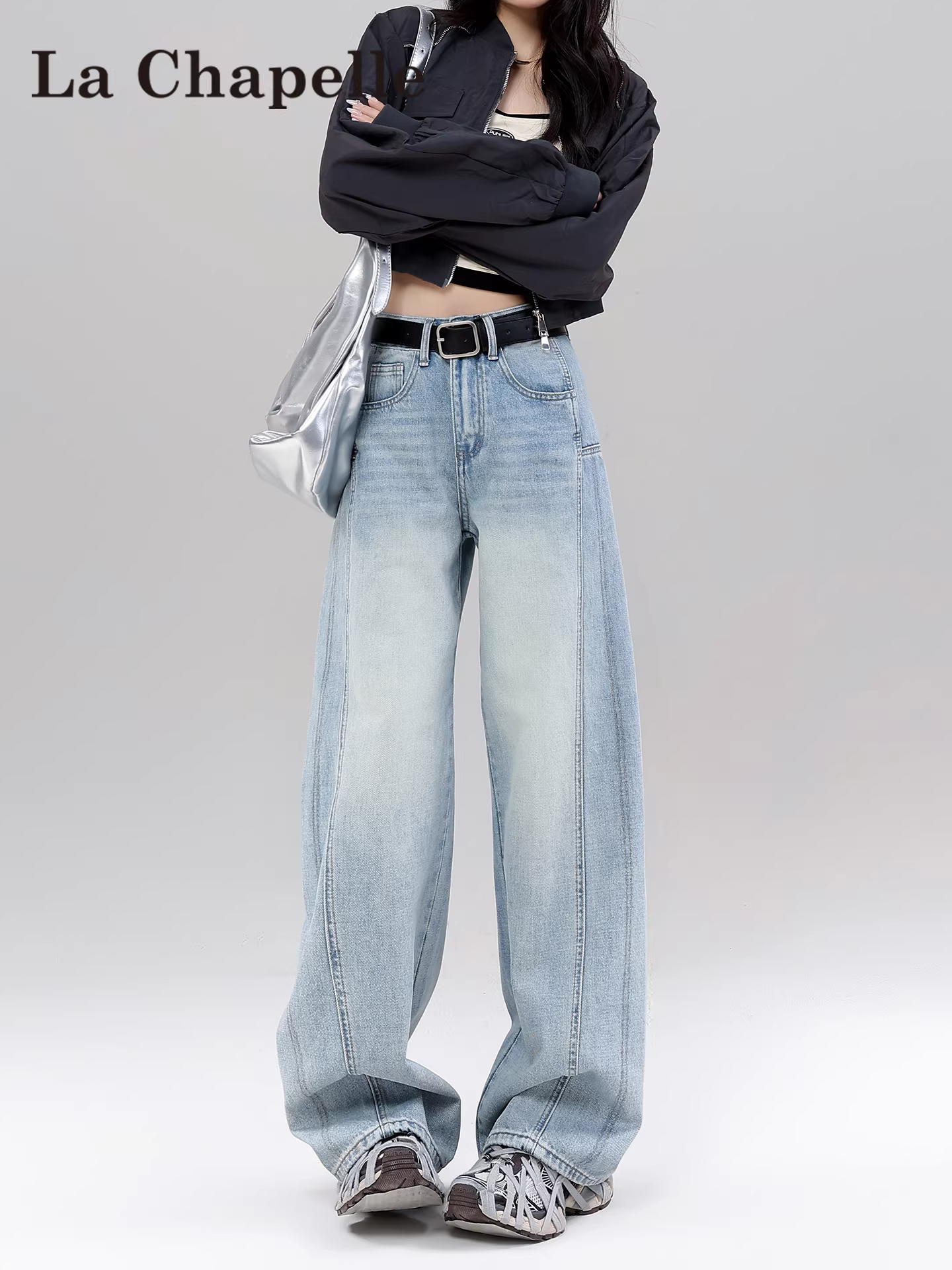 Quần jeans ống rộng lưng cao lót lông màu sáng La Chapelle dành cho nữ, mẫu mới thu đông 2025, dáng rộng suông, size nhỏ