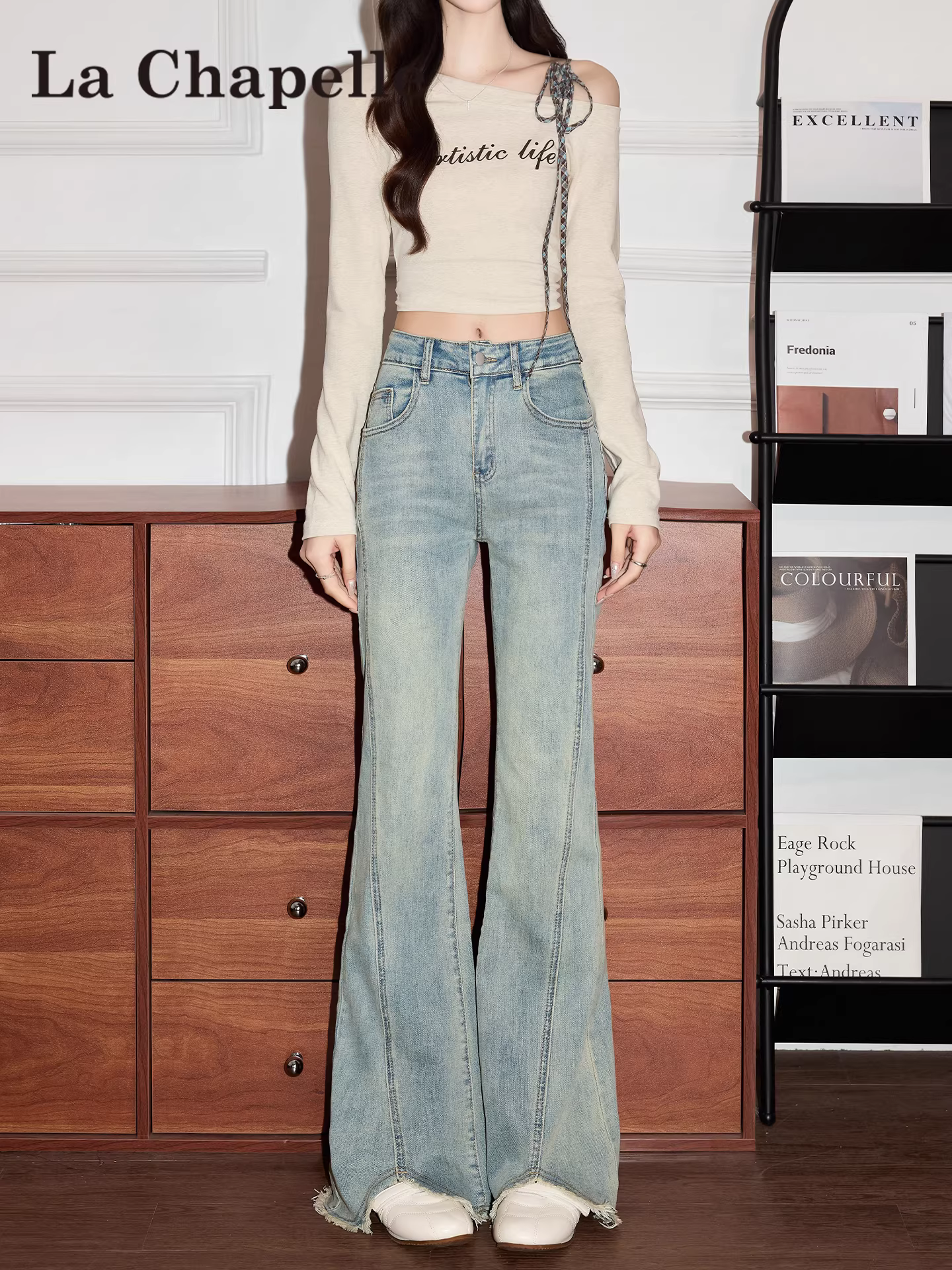 Quần jeans La Chapelle dáng ôm, vạt xéo, dành cho nữ, kiểu mới thu đông 2025, cạp cao, lót lông, quần ống loe.