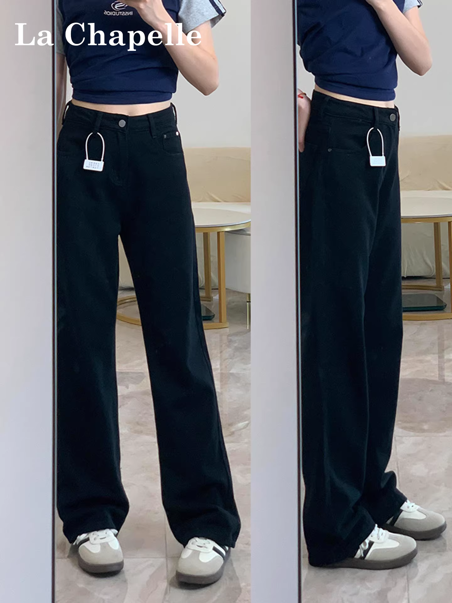 Quần jeans ống rộng dày dặn lót lông cừu đen La Chapelle dành cho nữ, mẫu mới thu đông 2025, cạp cao, dáng ôm thẳng