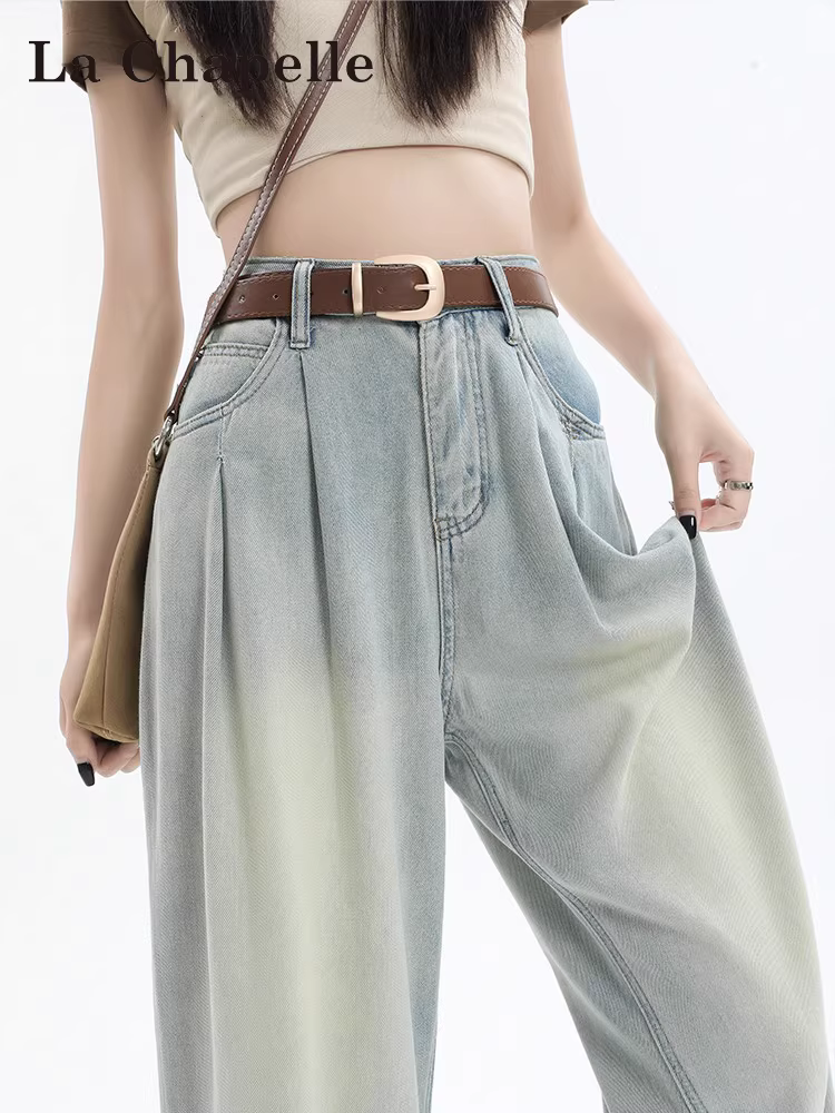 Quần jeans La Chapelle màu sáng, cạp cao, dáng rộng, ống rộng dành cho nữ, mẫu mới thu đông 2025, kiểu dáng thẳng, dành cho người nhỏ nhắn