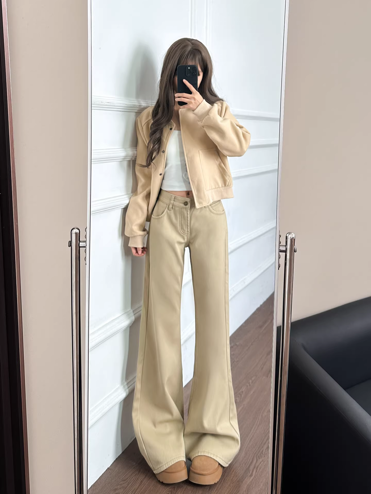 Quần jean nữ La Chapelle chất liệu kaki lót lông dày, dáng loe, kiểu mới thu đông 2025, cạp cao, ôm dáng, ống chuông