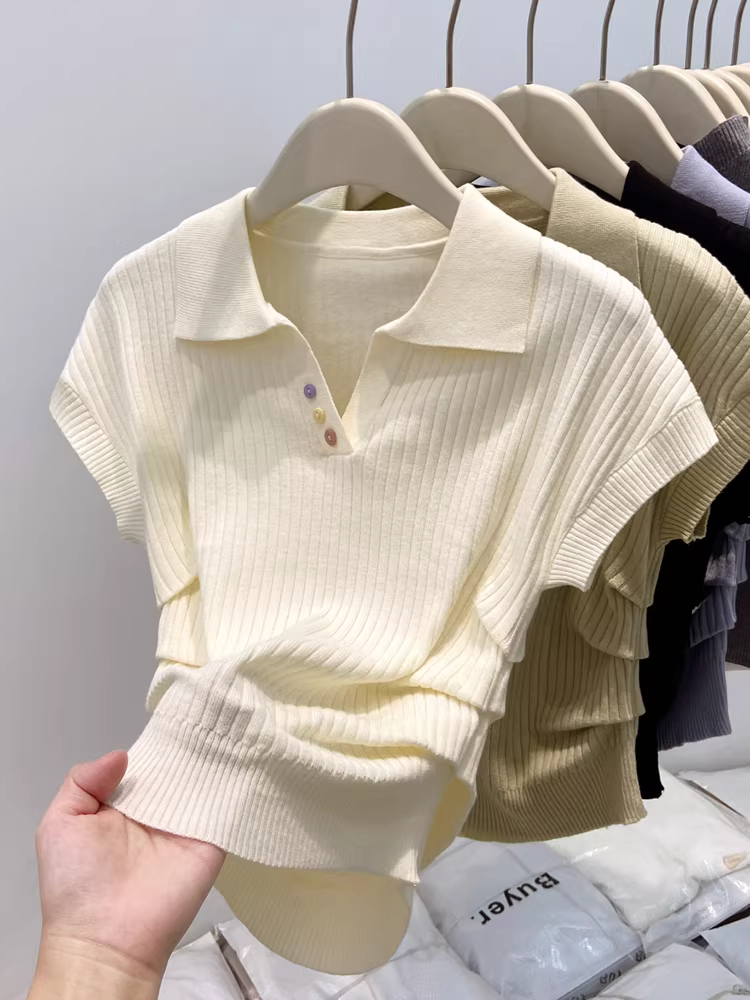 Áo thun nữ tay ngắn kiểu Pháp La Chapelle, áo sơ mi cổ trụ mùa hè mới 2025, kiểu ôm sát, mặc trong.
