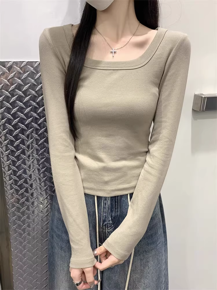 Áo sơ mi cổ vuông dài tay La Chapelle dành cho nữ, phong cách mới thu đông 2025, kiểu dáng vai thường, ôm vừa vặn, tôn dáng, áo thun mặc trong.