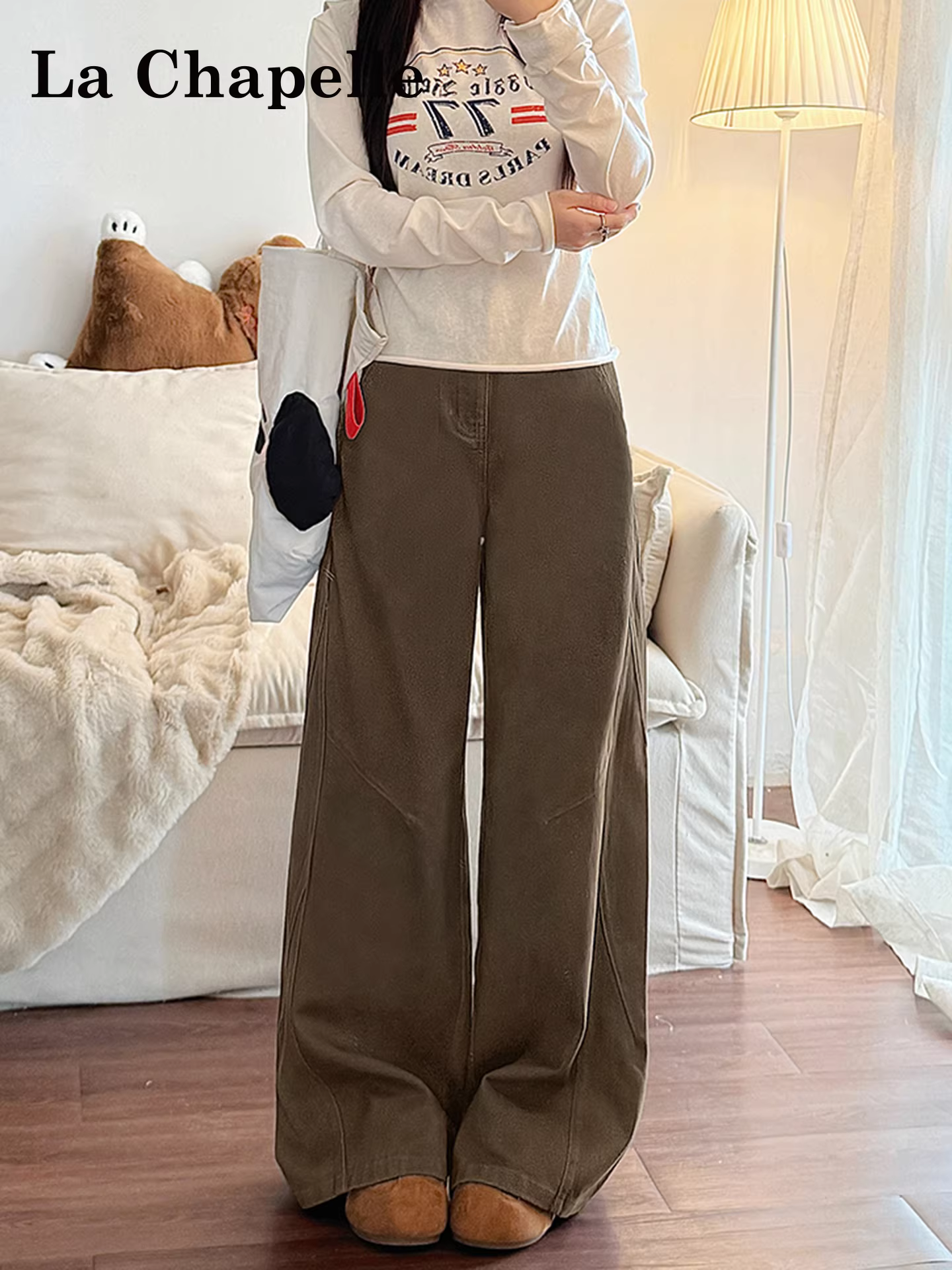 Quần jeans ống rộng dày dặn lót lông màu cà phê La Chapelle dành cho nữ, mẫu mới thu đông 2025, cạp cao, dáng rộng, thẳng