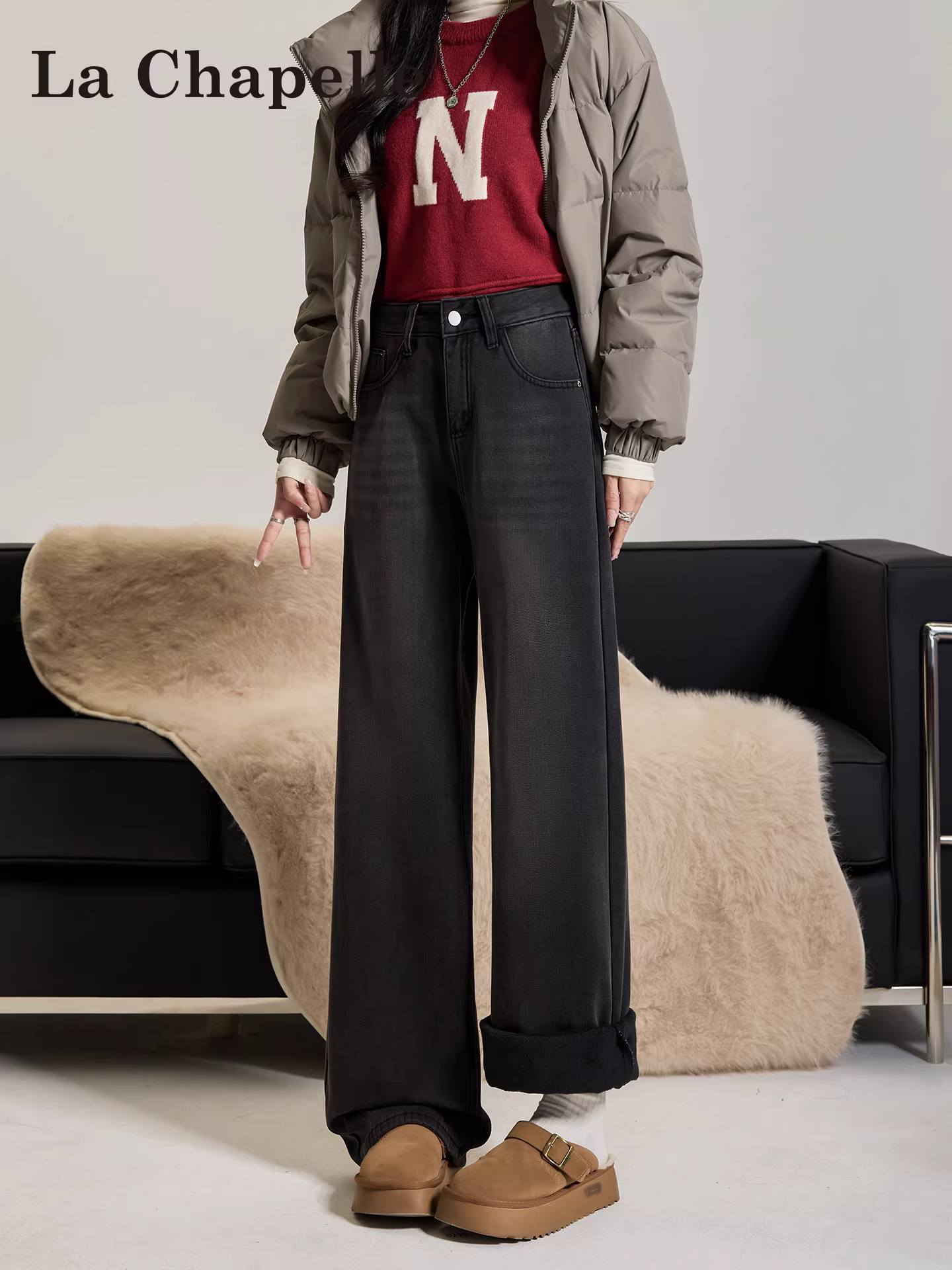 Quần jeans đen La Chapelle kiểu Mỹ cổ điển, ống rộng dành cho nữ, mẫu mới thu đông 2025, cạp cao, dáng thẳng rộng