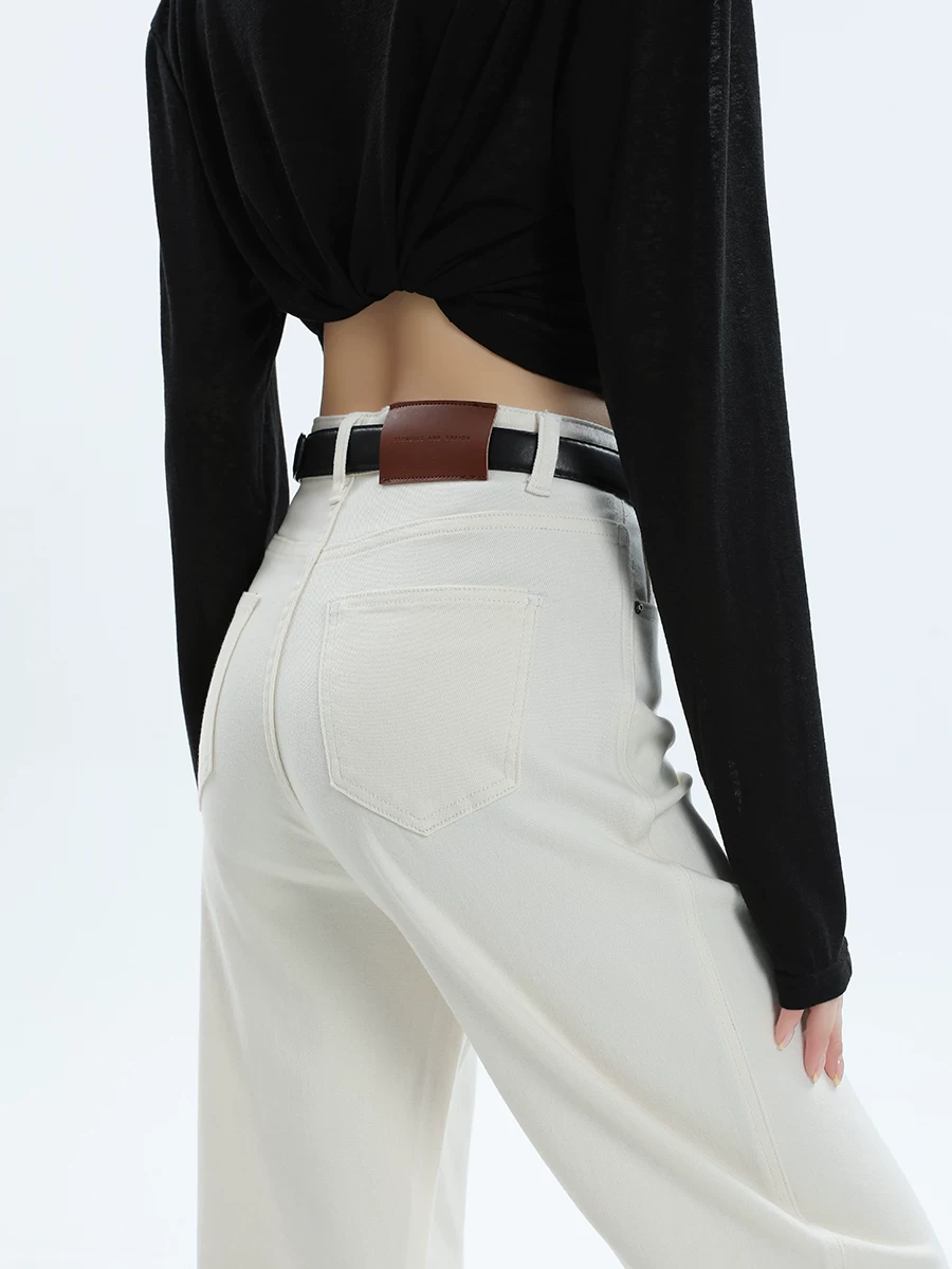 Quần jean ống rộng lót lông trắng La Chapelle dành cho nữ, quần dài chín phần dáng rộng thẳng, mẫu mới thu đông 2025.