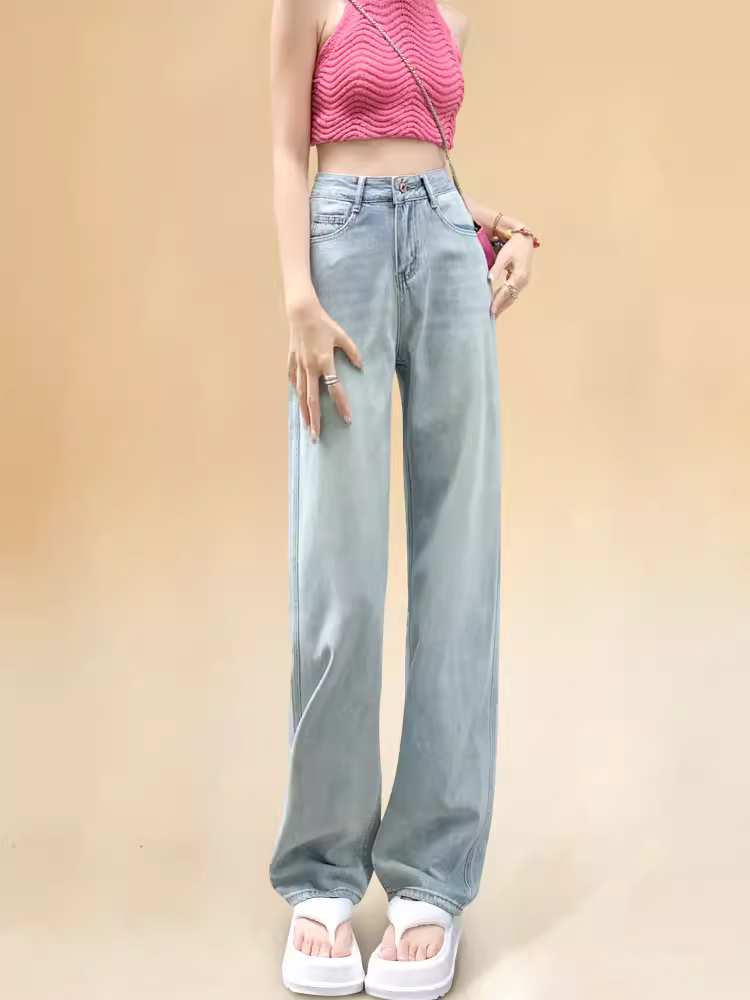 Quần jeans ống rộng màu sáng La Chapelle dành cho nữ, mẫu mới hè 2025, cạp cao, dáng thẳng, tôn dáng cho người nhỏ nhắn.