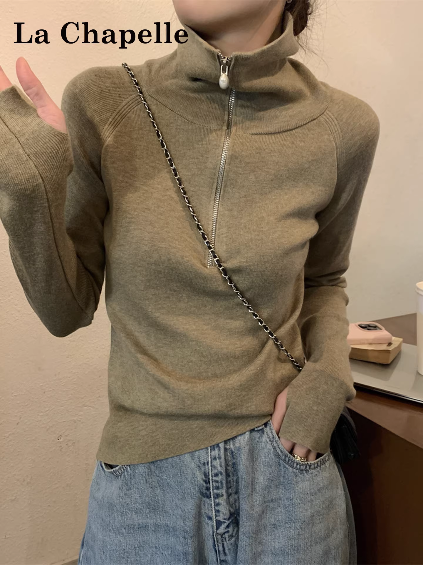 Áo len dệt kim dài tay có khóa kéo La Chapelle petite dành cho nữ 2025 mới mùa thu đông áo bên trong vừa vặn vừa vặn